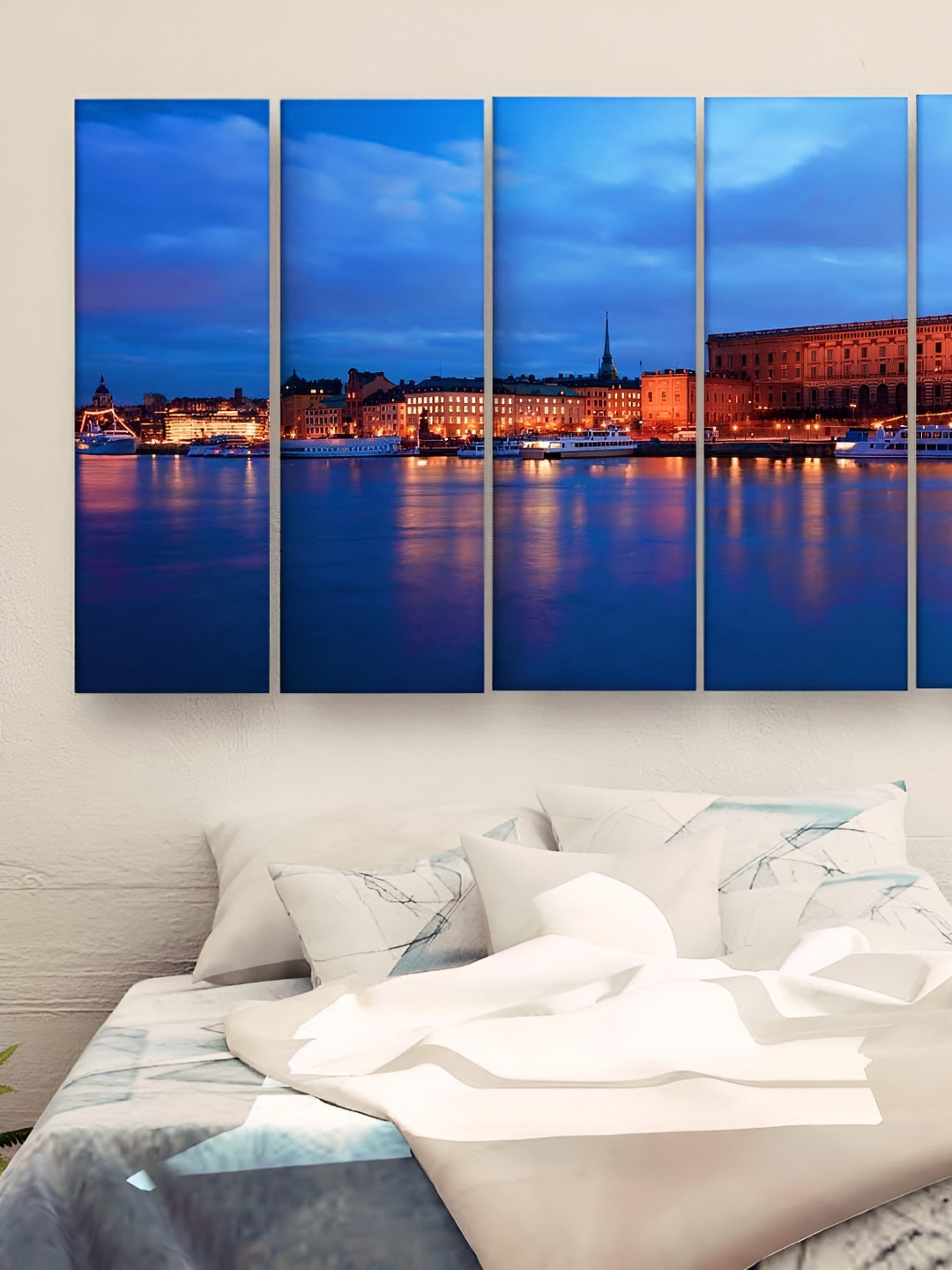 Casperme 5-Pcs Blue & Orange Skyline Wooden Big Wall Painting