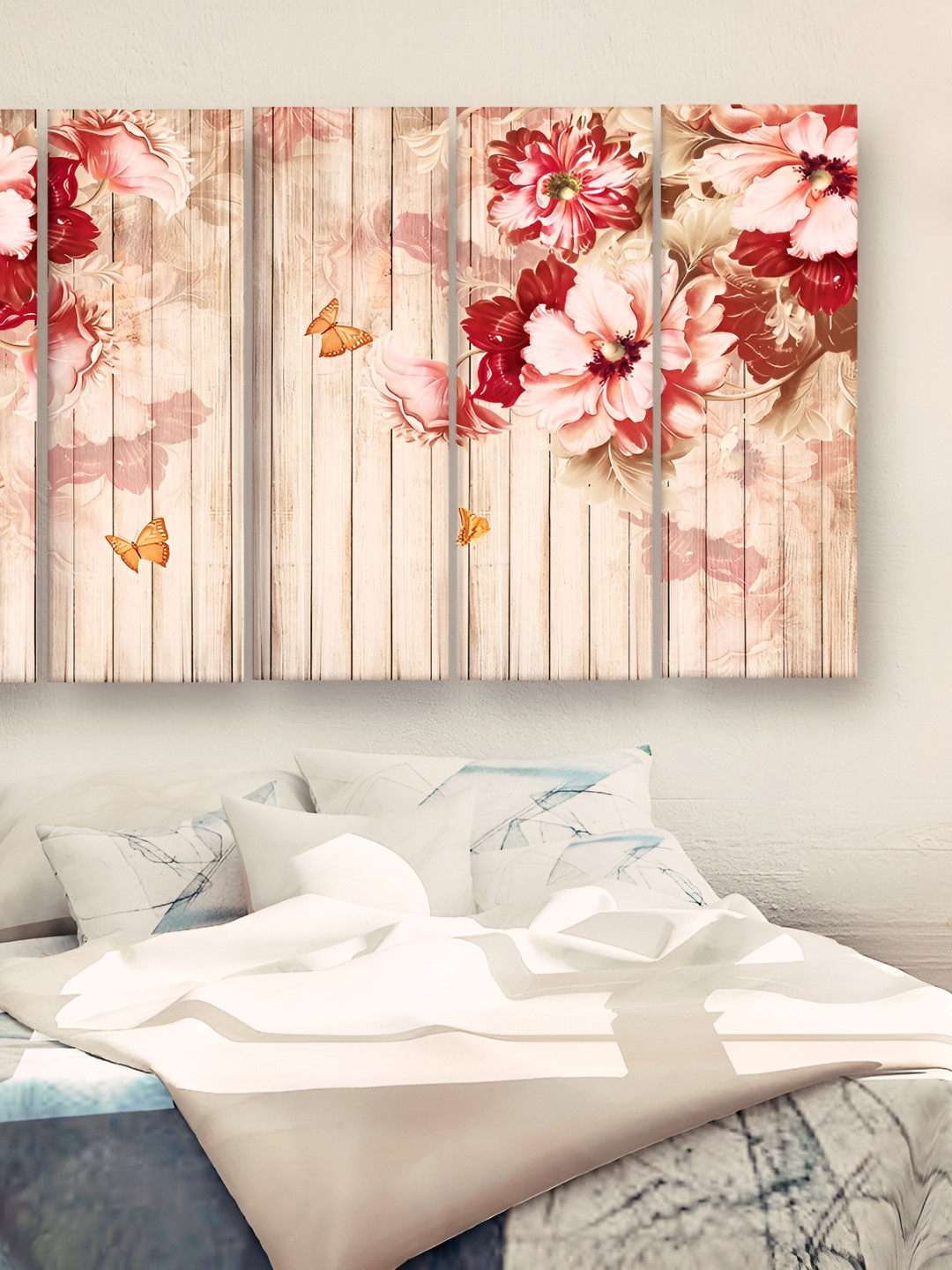 Casperme 5 Pieces Cream & Red Floral and Botanical Wooden Modern Art Big Wall Painting