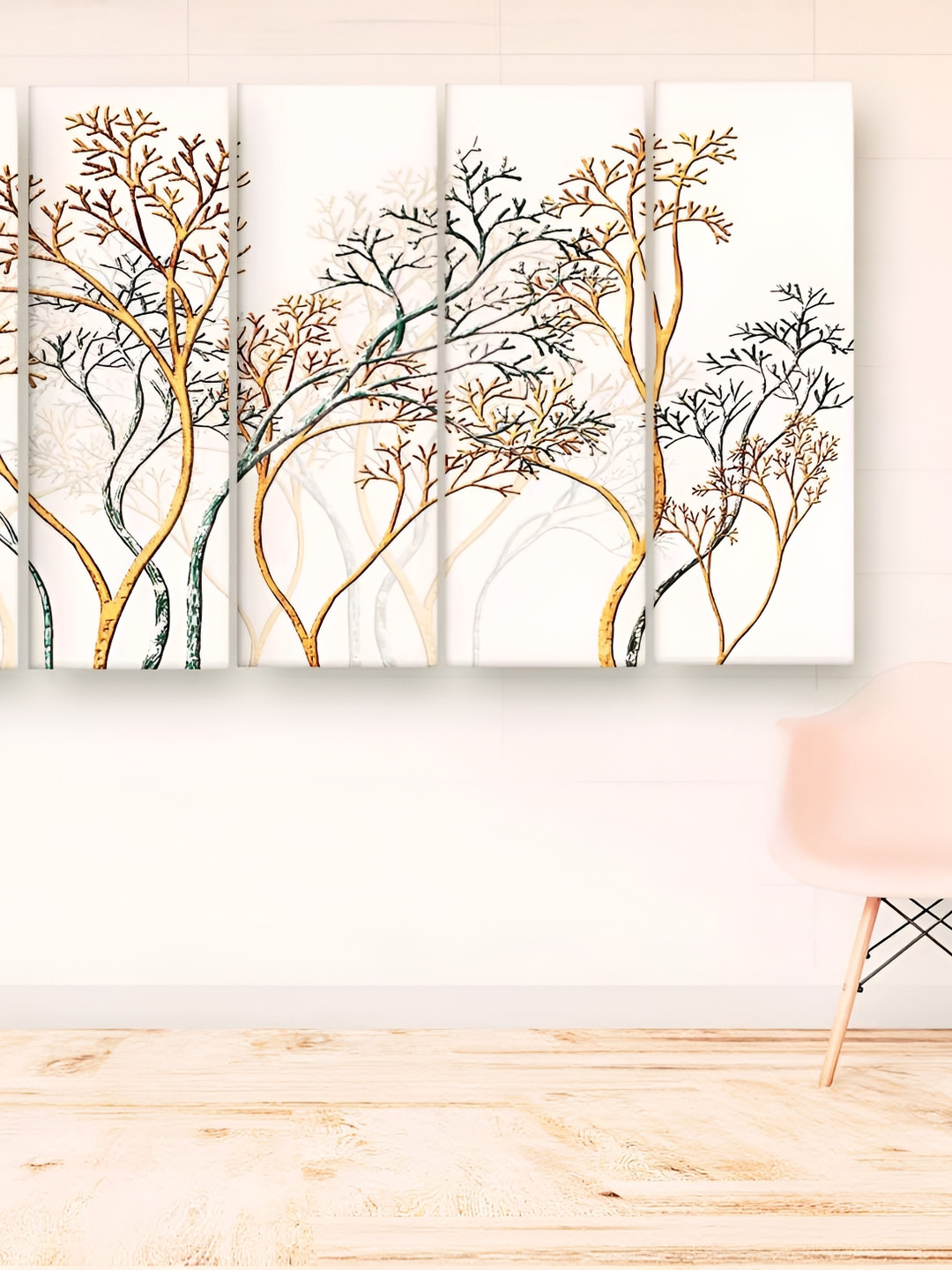 Casperme 5 Pieces Cream & Yellow Wooden Modern Art Big Wall Painting