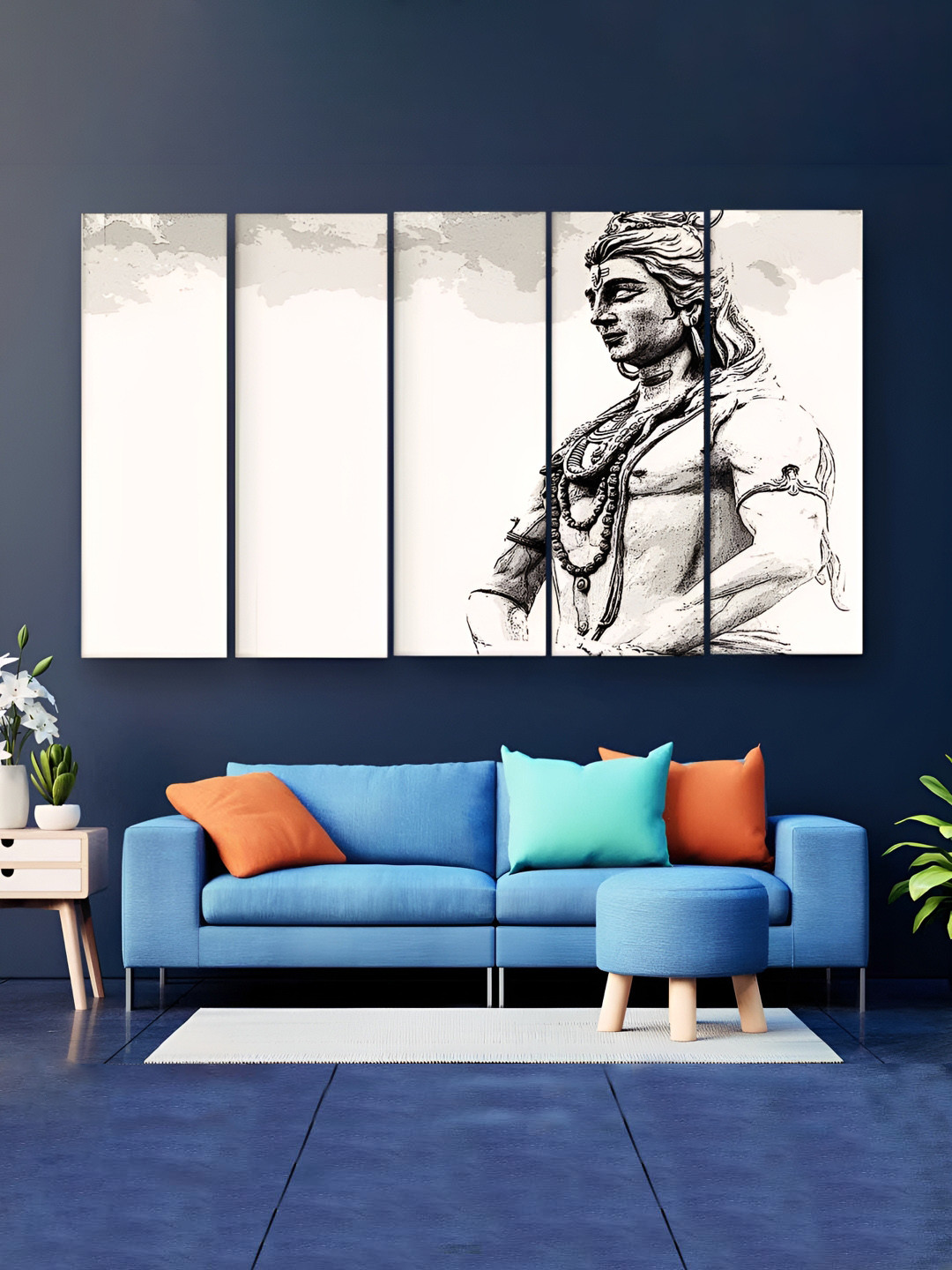 Casperme 5 Pieces White & Black Religious Lord Shiva Wooden Big Wall Painting