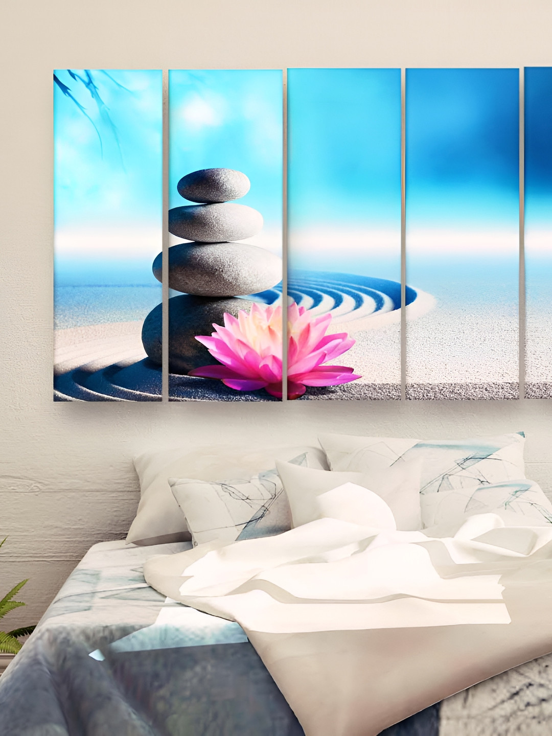 Casperme 5-Pcs Pink & Blue Wooden Floral and Botanical Modern Art Big Wall Painting