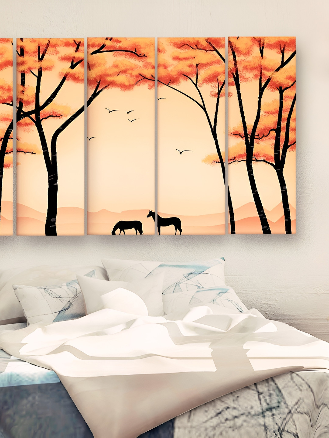 Casperme 5 Pieces Beige & Yellow Wooden Floral and Botanical Modern Art Big Wall Painting