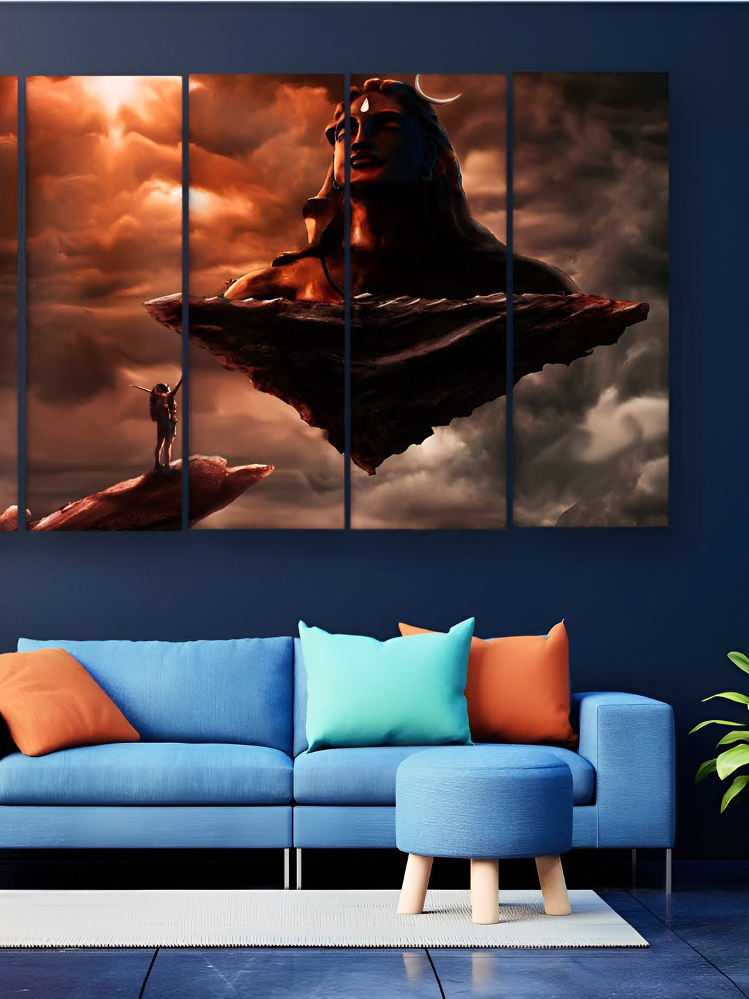 Casperme 5-Pcs Beige & Red Wooden Religious Lord Shiva Big Wall Painting