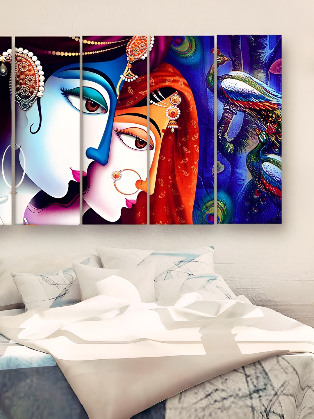 Casperme 5 Pieces White & Blue Wooden Religious Radha Krishna Big Wall Painting