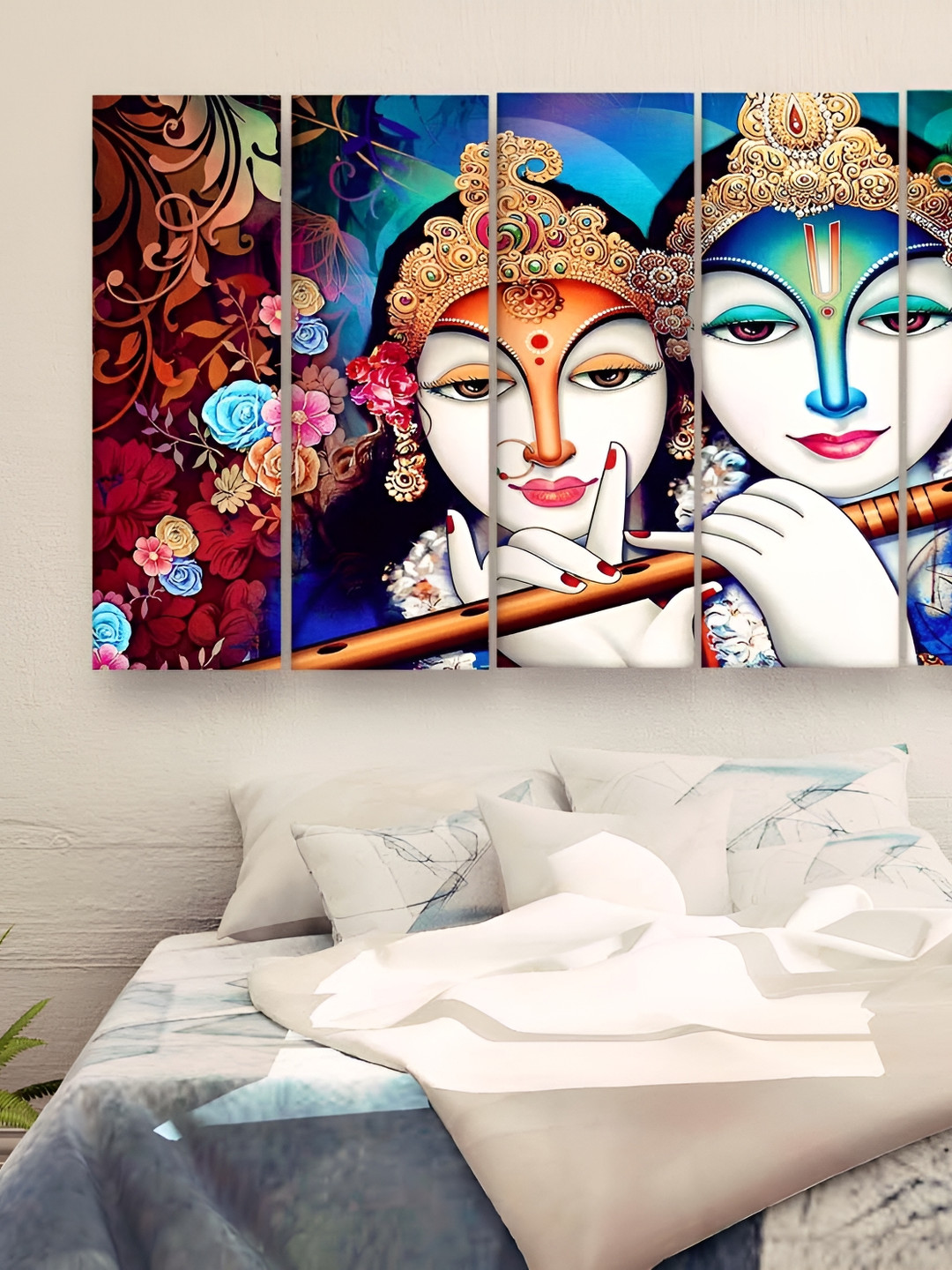 Casperme 5 Pieces White& Blue Wooden Religious Radha Krishna Big Wall Painting