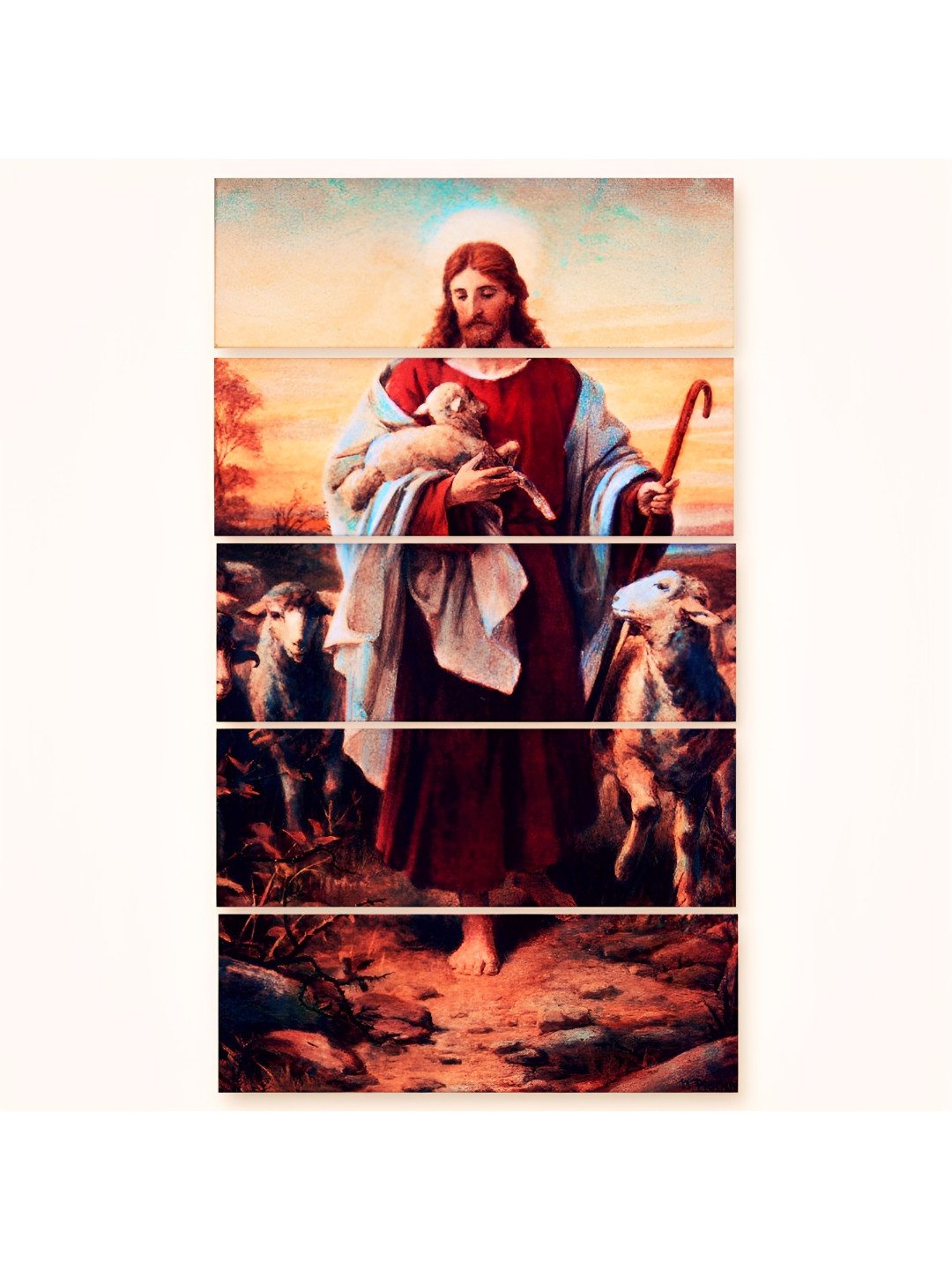 Casperme 5-Pcs Brown & Red Wooden Religious Jesus Big Wall Painting