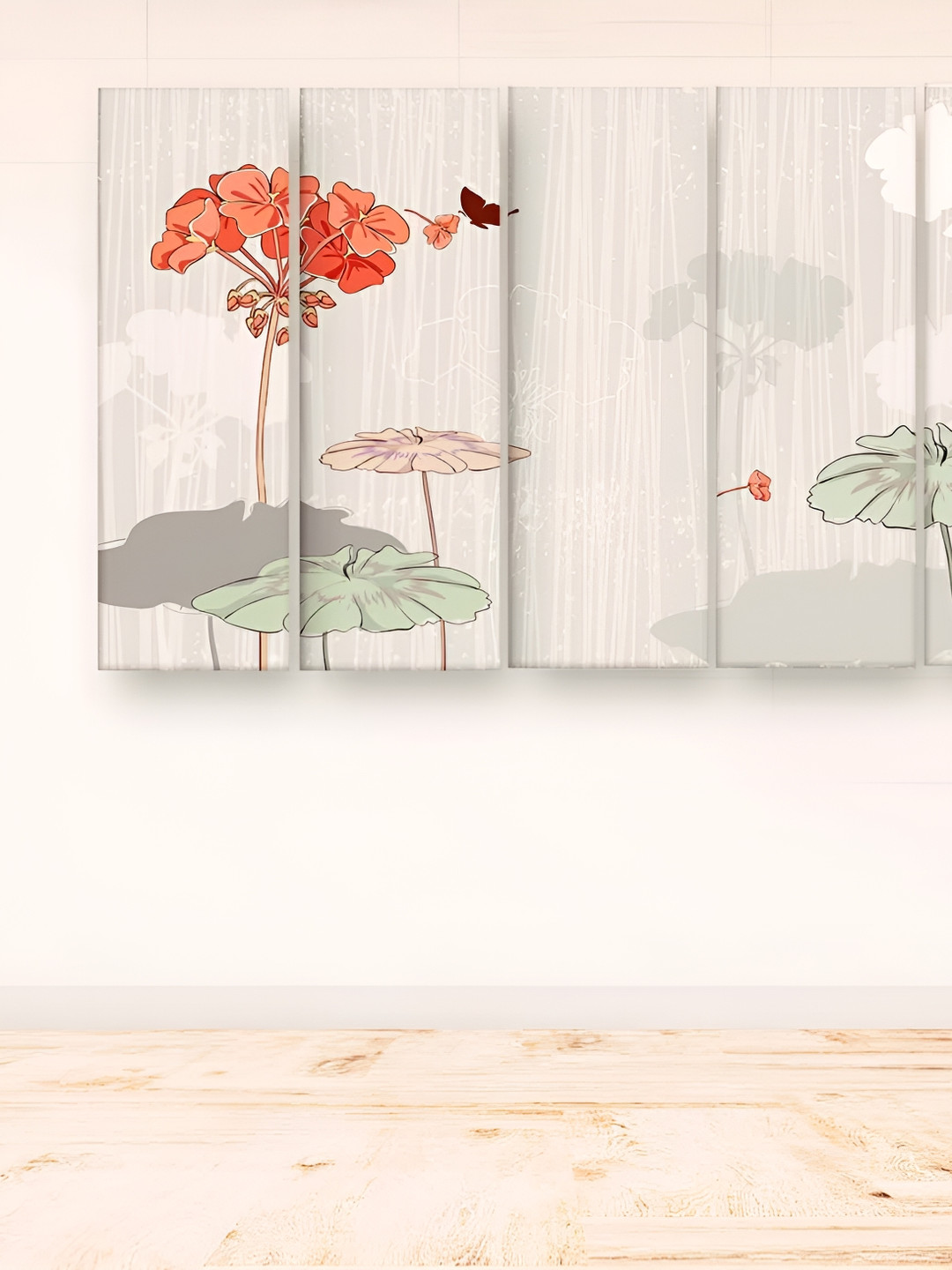 Casperme 5 Pieces Grey & Green Wooden Floral and Botanical Modern Art Big Wall Painting