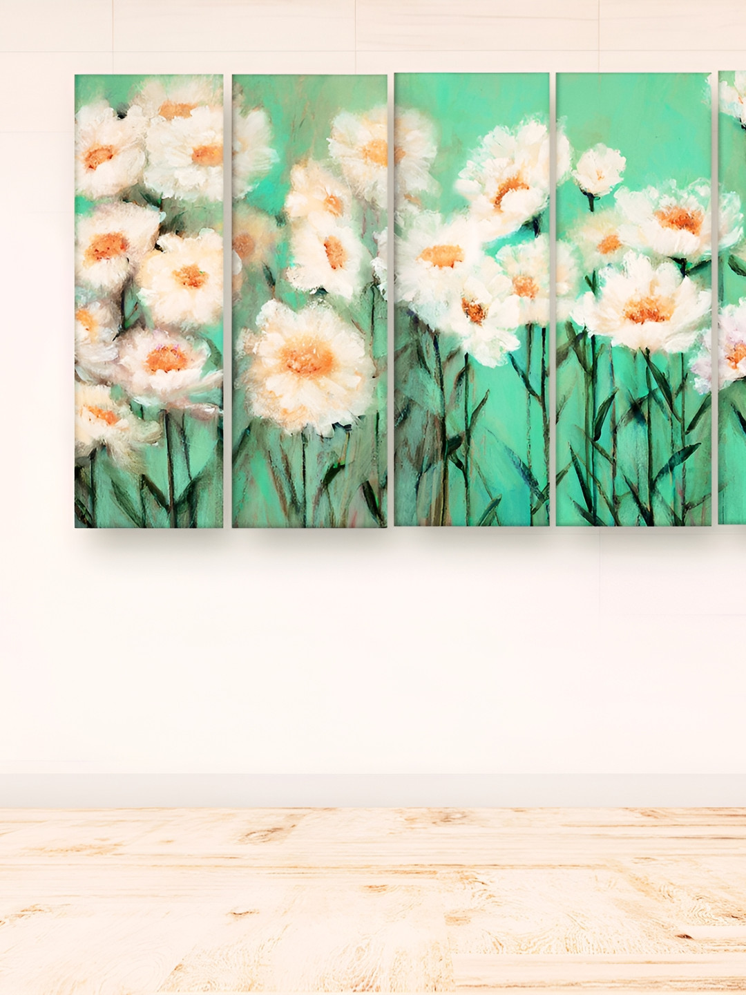 Casperme 5 Pieces Green & White Wooden Floral and Botanical Modern Art Big Wall Painting