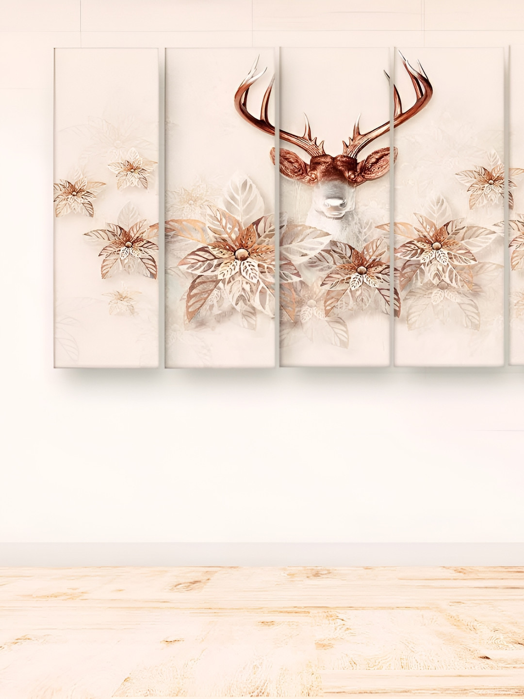 Casperme 5-Pcs Beige & Brown Wooden Birds and Animals Modern Art Big Wall Painting