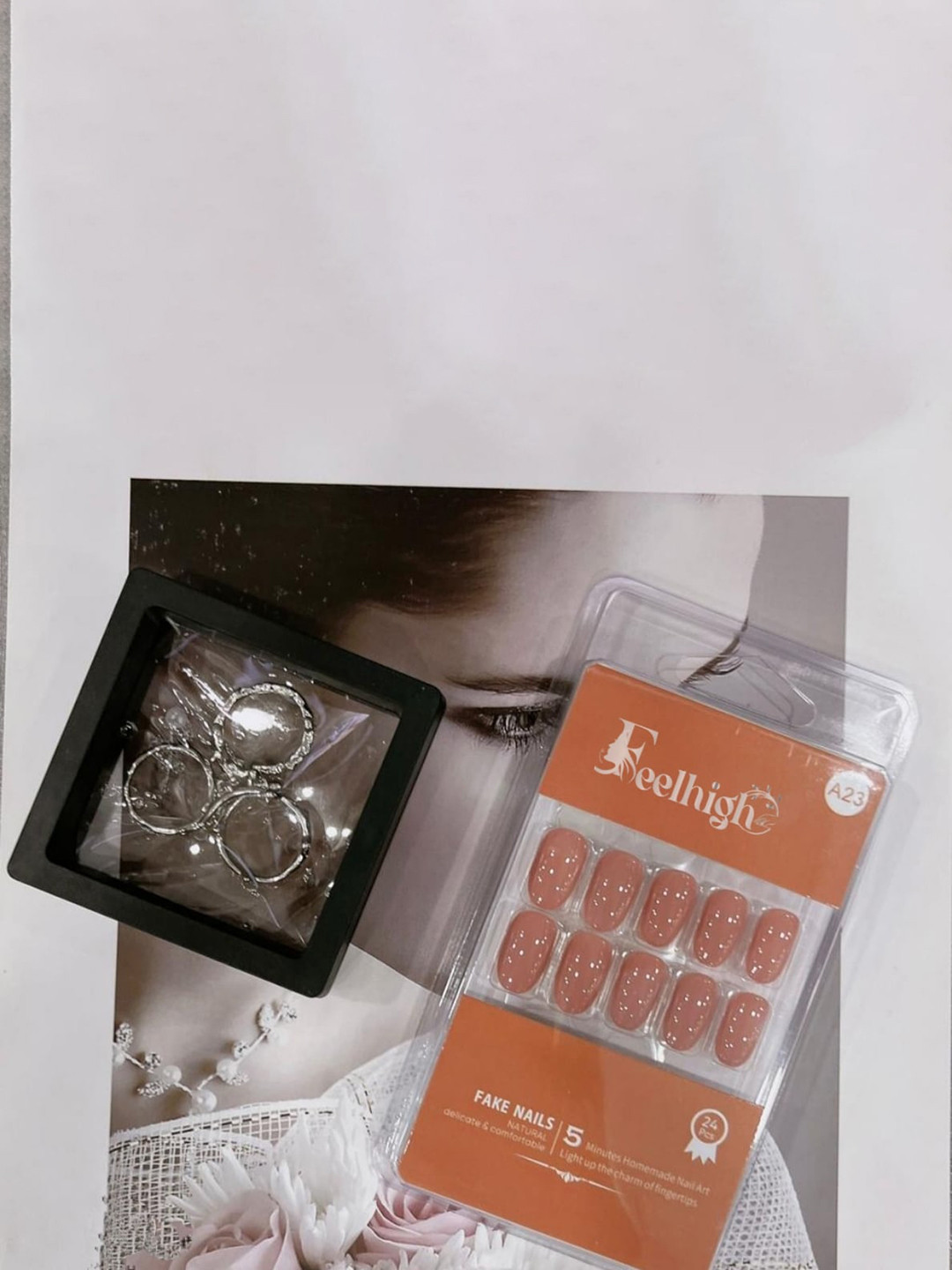 FEELHIGH 24-Pcs Stick On Reusable Waterproof Press On Nails - A23