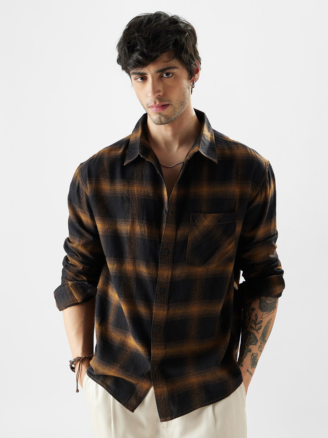 The Souled Store Men Dark Topaz Plaid Multicolor Relaxed Fit Shirts