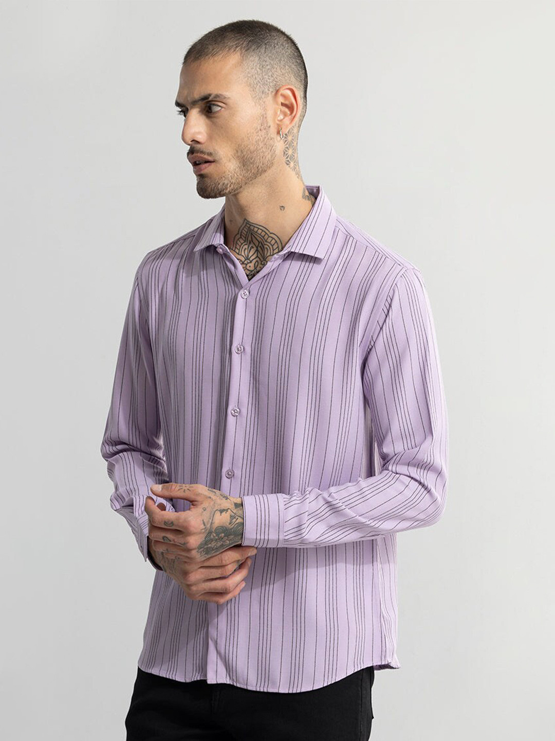 Snitch Purple Classic Slim Fit Striped Casual Shirt