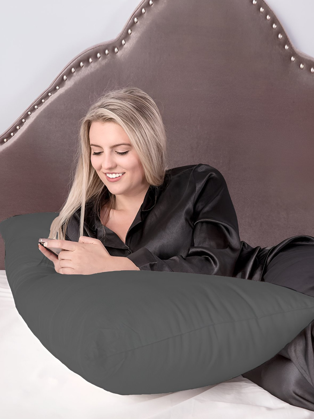Mom's Moon Grey Solid Cotton Lightweight Medium Fibre Sleep Pillow-137 x 50.8 cm