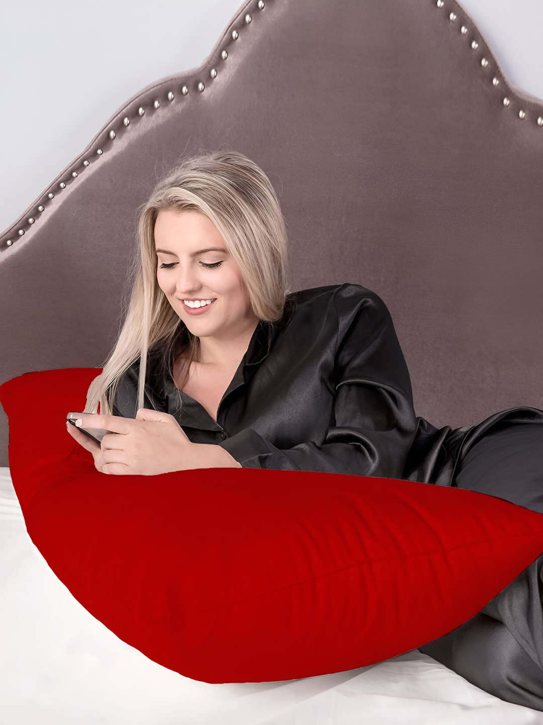 Mom's Moon Red Solid Cotton Lightweight Medium Fibre Sleep Pillow-137 x 51 cm