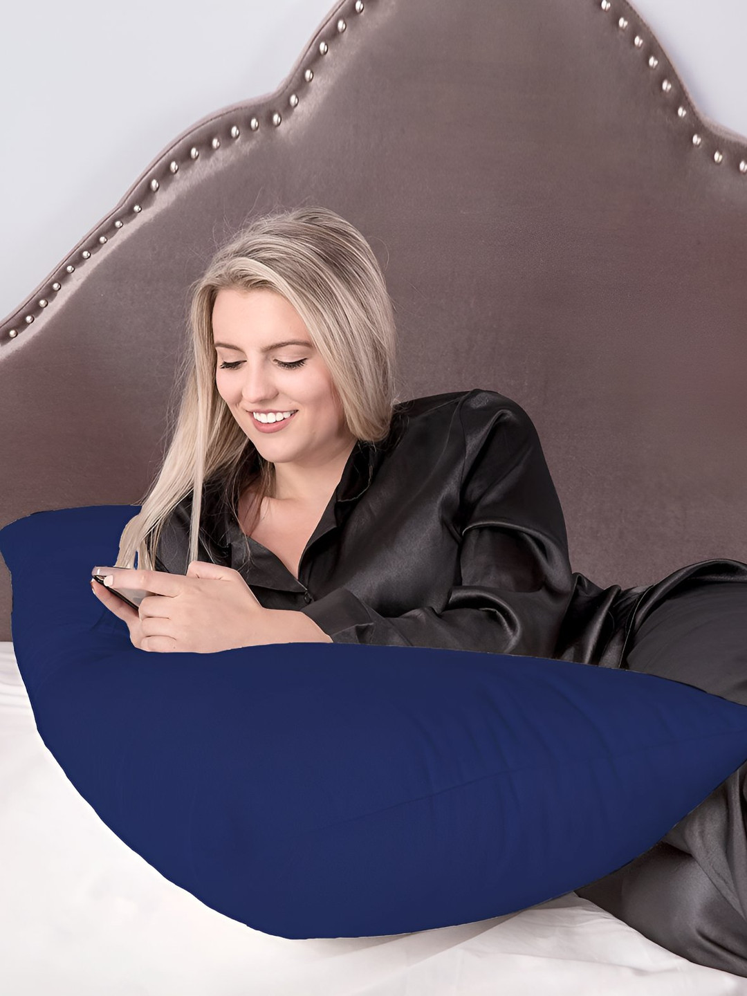 Mom's Moon Navy Blue Solid Cotton Lightweight Firm Fibre Maternity Pillow-137.2 x 50.8 cm
