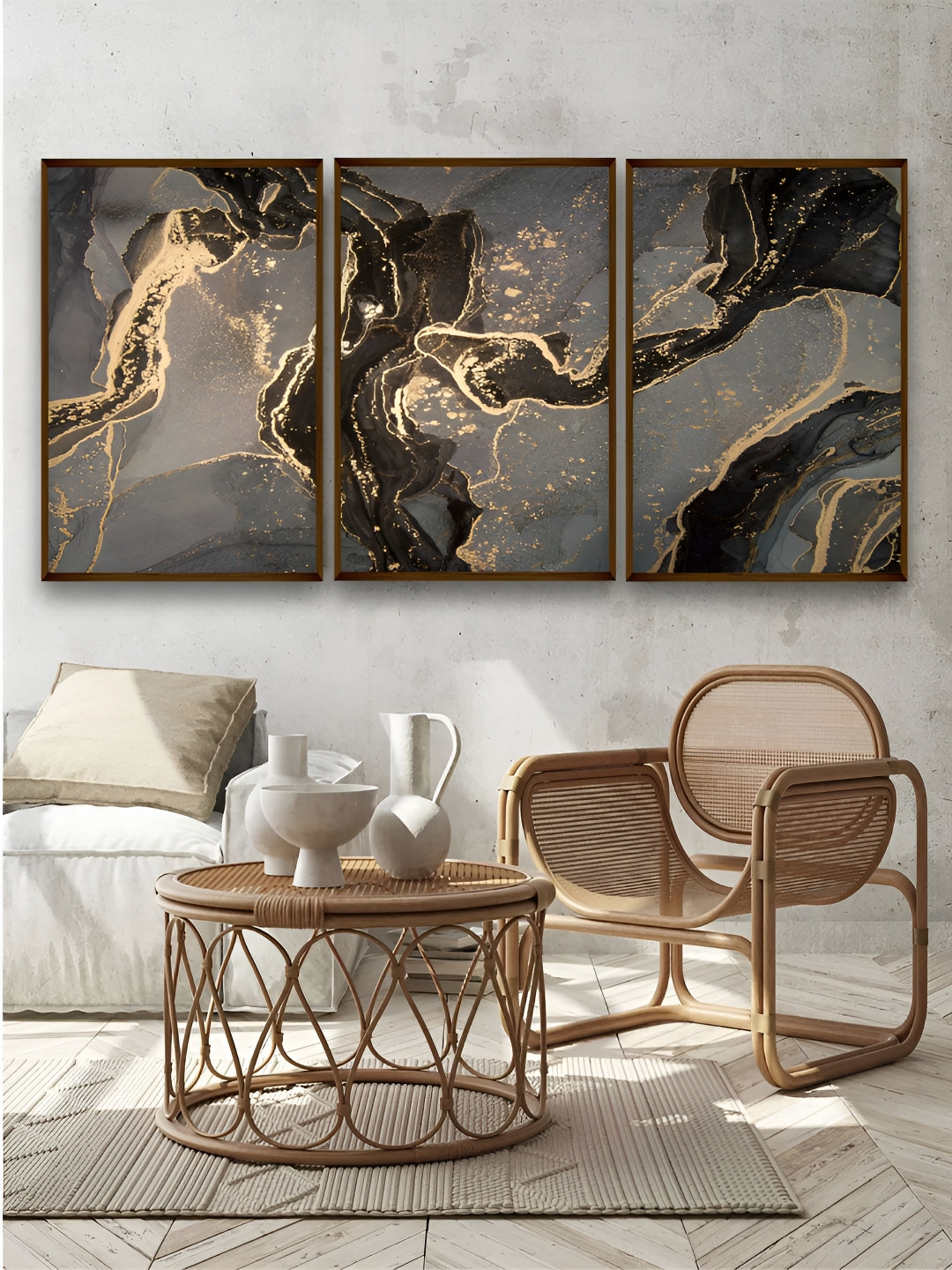 Artsense  Grey& Beige Canvas Abstract Wall Paintings