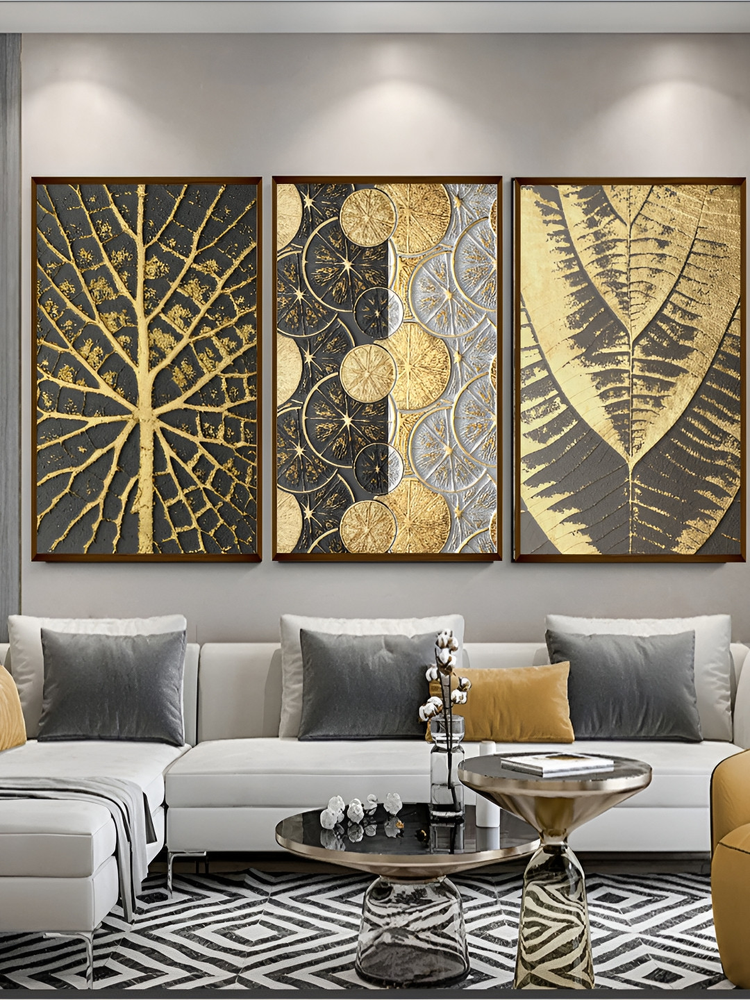 Artsense Gold Toned & Grey 3 Pieces Abstract Canvas Painting Wall Art