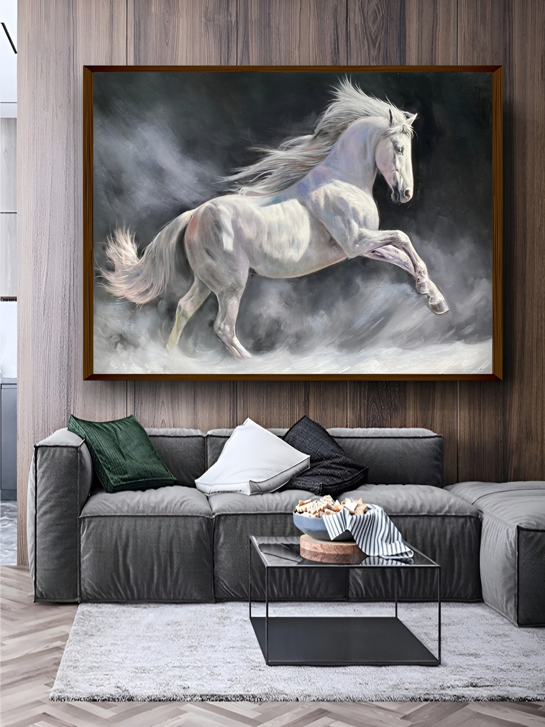 Artsense White & Grey Horse Framed Canvas Painting Wall Art