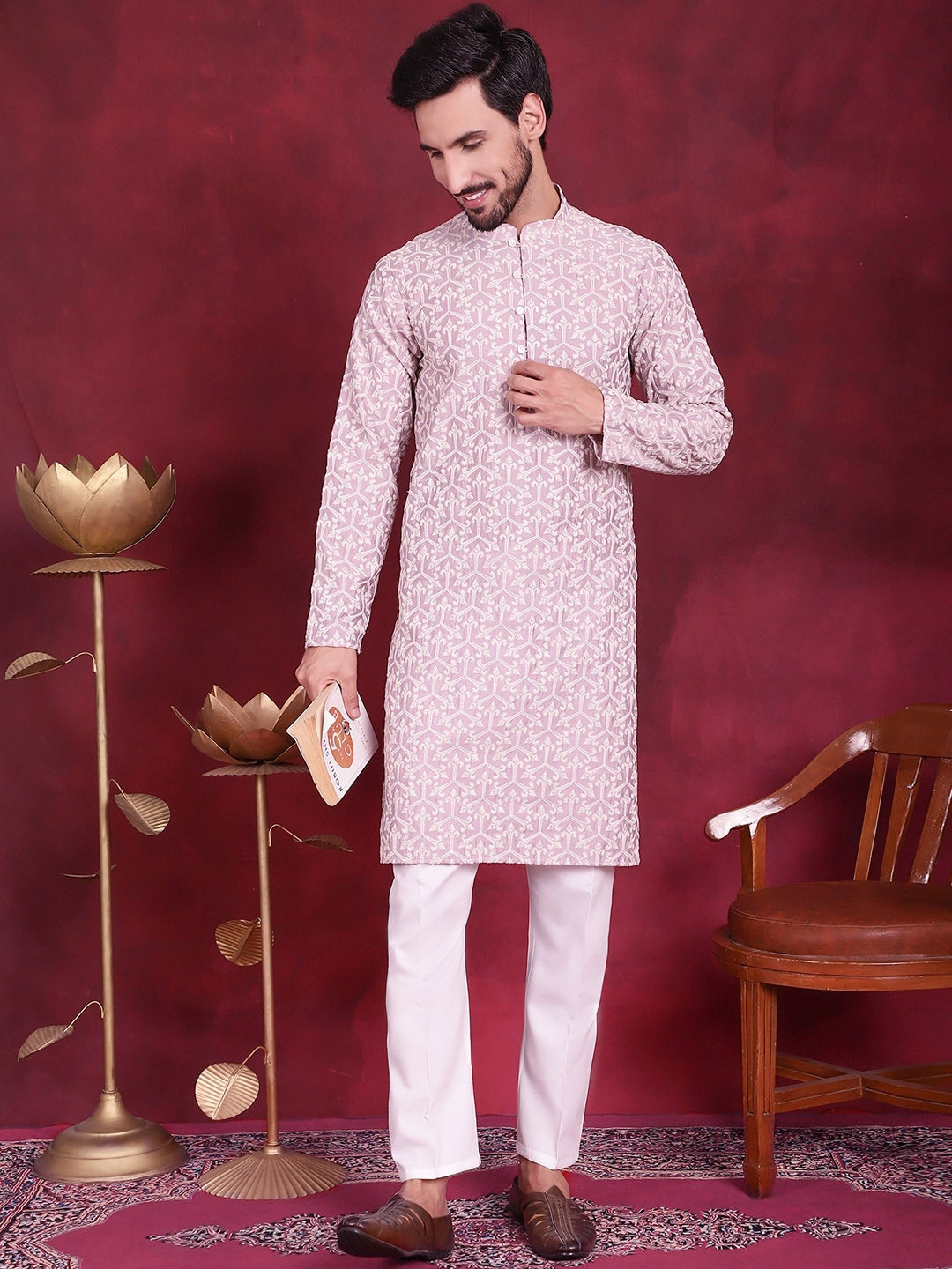 Jompers Ethnic Motifs Chikankari Embroidered Mandarin Collar Long Sleeve Kurta Set