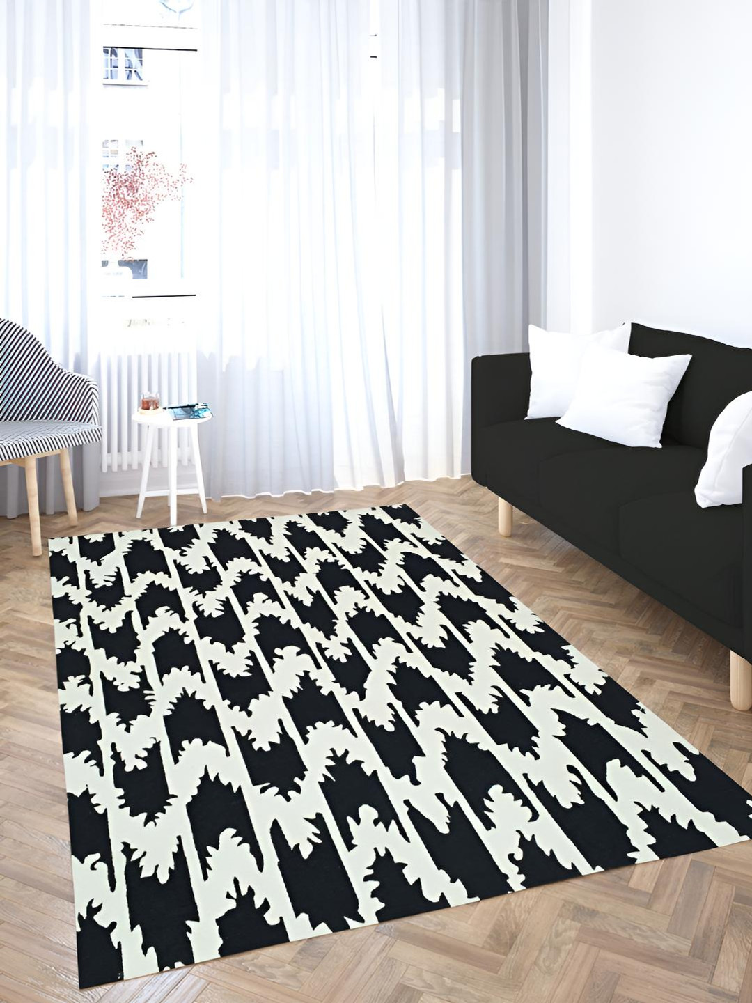 HOMADORN White & Black Geometric No Shredding Pure Cotton Dhurrie
