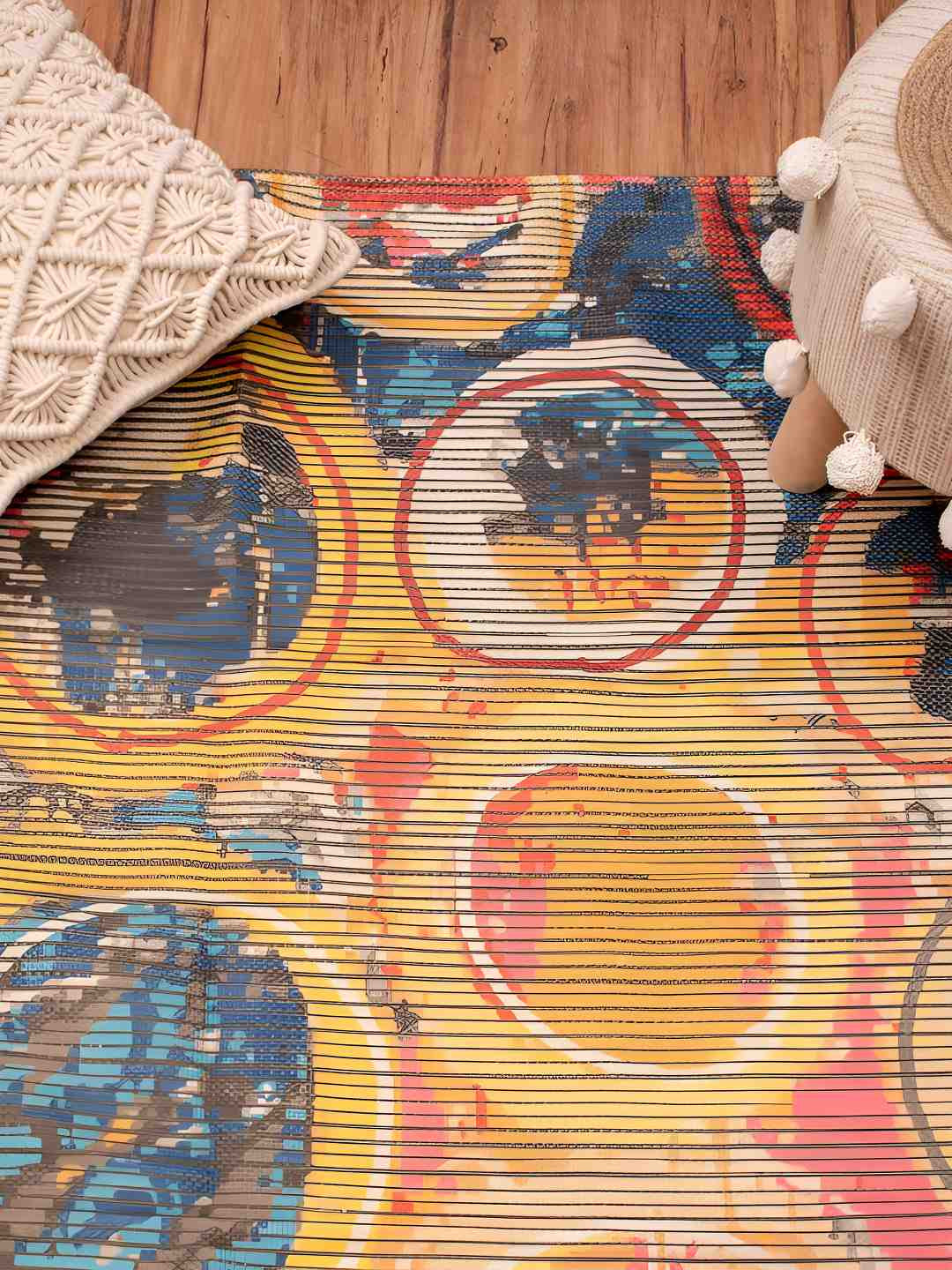 HOMADORN Yellow & Blue Printed No Shredding Dhurrie