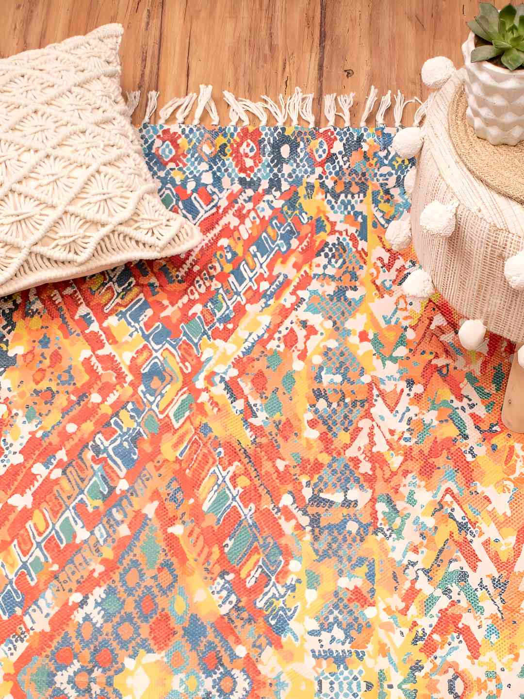 HOMADORN Yellow & Orange Abstract Printed No Shredding Dhurrie