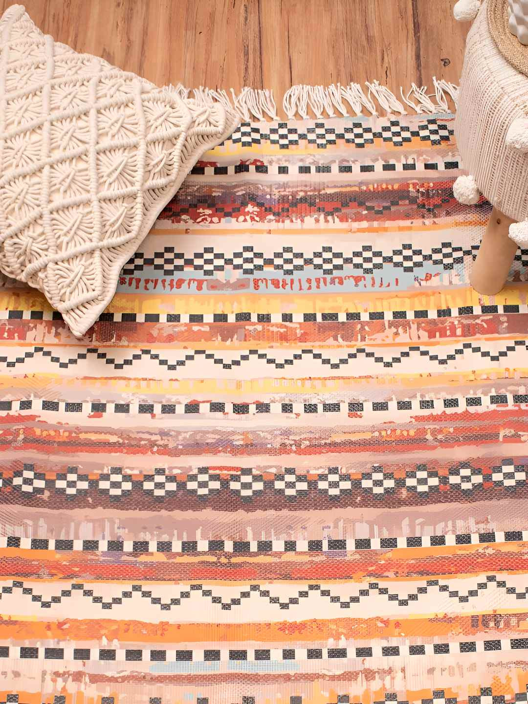 HOMADORN Beige & Orange Printed No Shredding Dhurrie