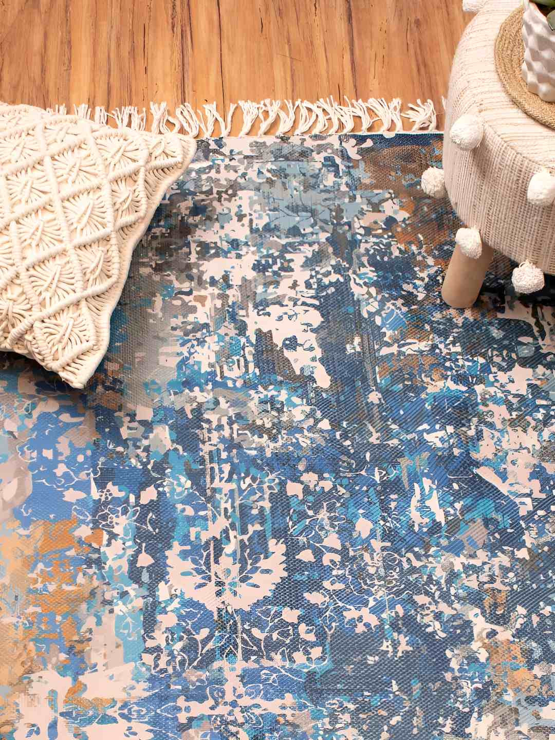 HOMADORN Blue & Beige Printed PET Recycled No Shredding Dhurrie