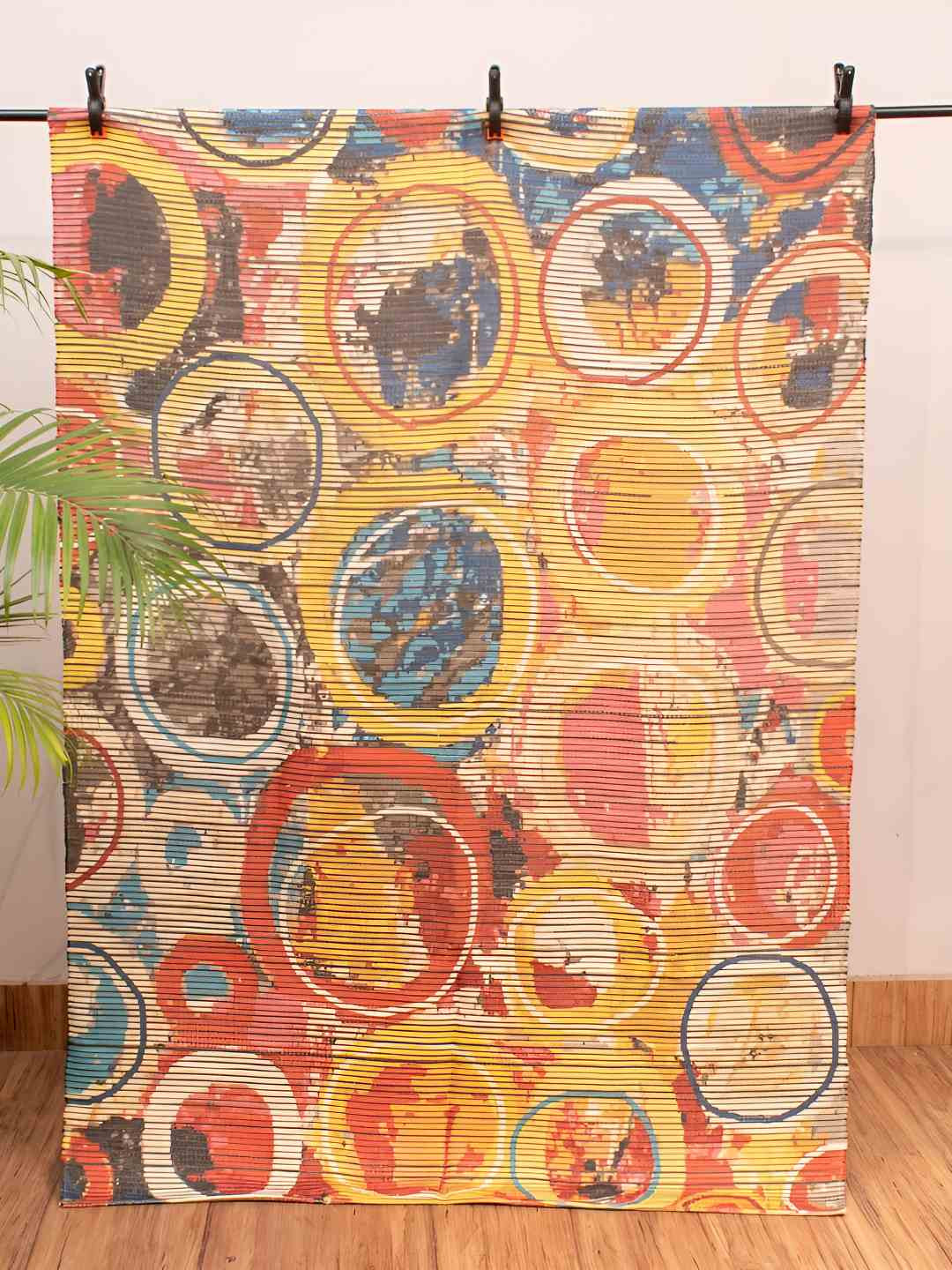 HOMADORN Yellow & Blue Abstract Printed No Shredding Dhurrie