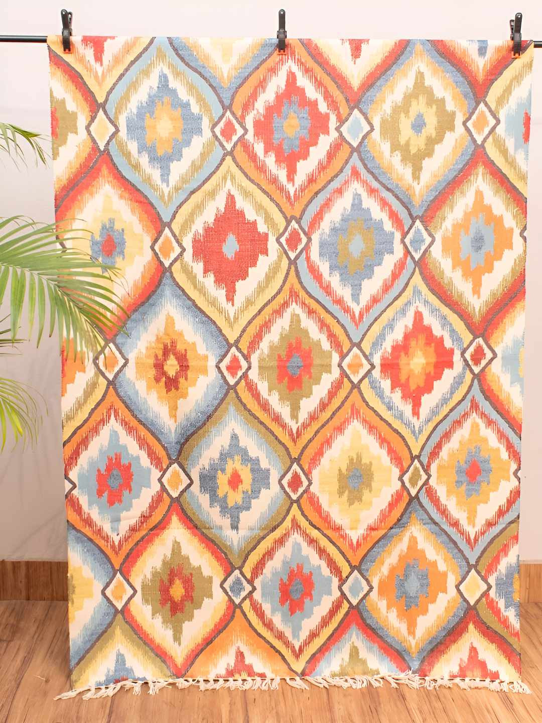 HOMADORN Yellow & Blue Ethnic Motifs No Shredding Dhurrie