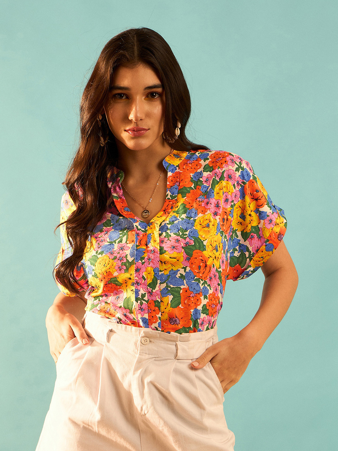 Berrylush White Floral Print Mandarin Collar Extended Sleeve Shirt Style Top