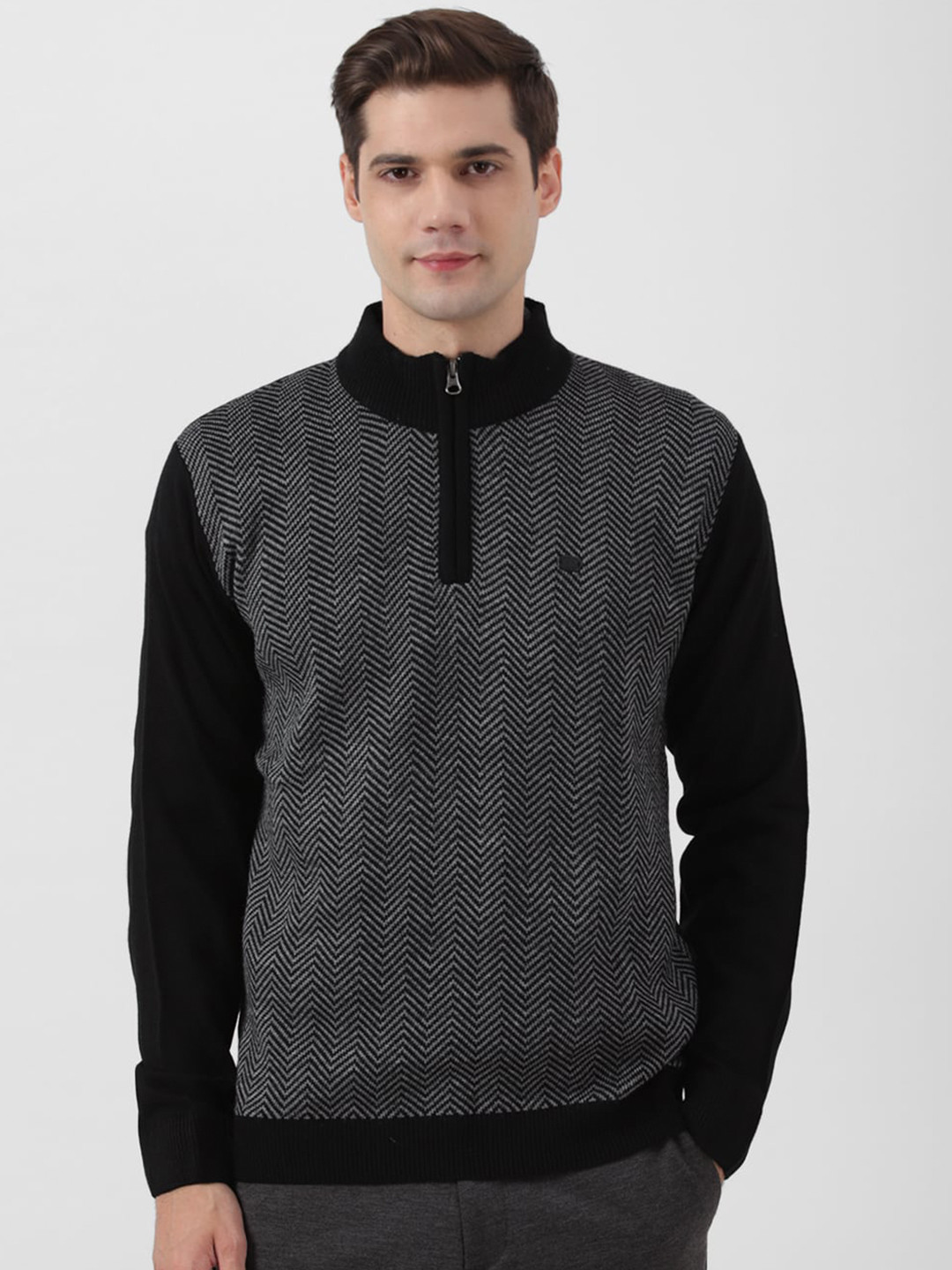 Peter England Casuals Chevron Patterned Mock Collar Pure Acrylic Pullover