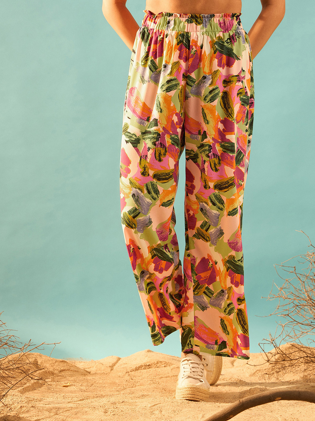 Berrylush Women Pink Floral Printed Relaxed Leg High-Rise Parallel Wide Leg Trouser