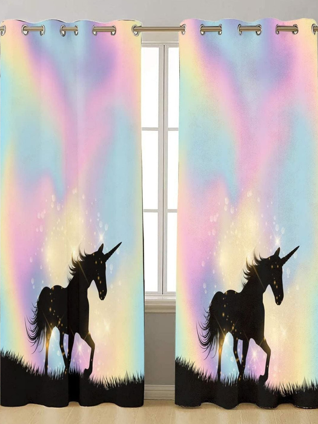 THEYAYACAFE Pink 2 Pieces Unicorn Rainbow Room Darkening Window Curtains