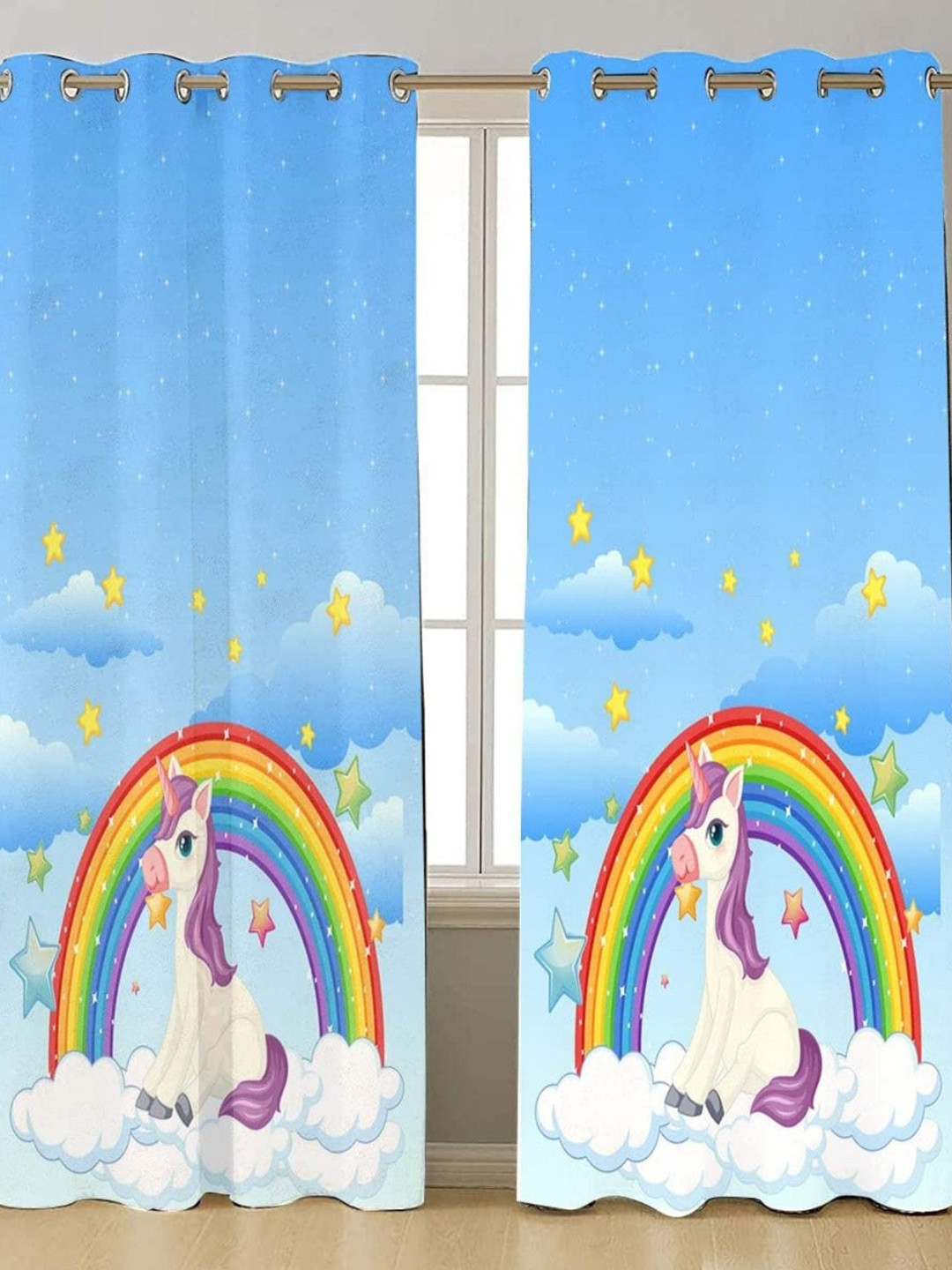 THEYAYACAFE Blue 2 Pieces Unicorn Rainbow Room Darkening Window Curtains
