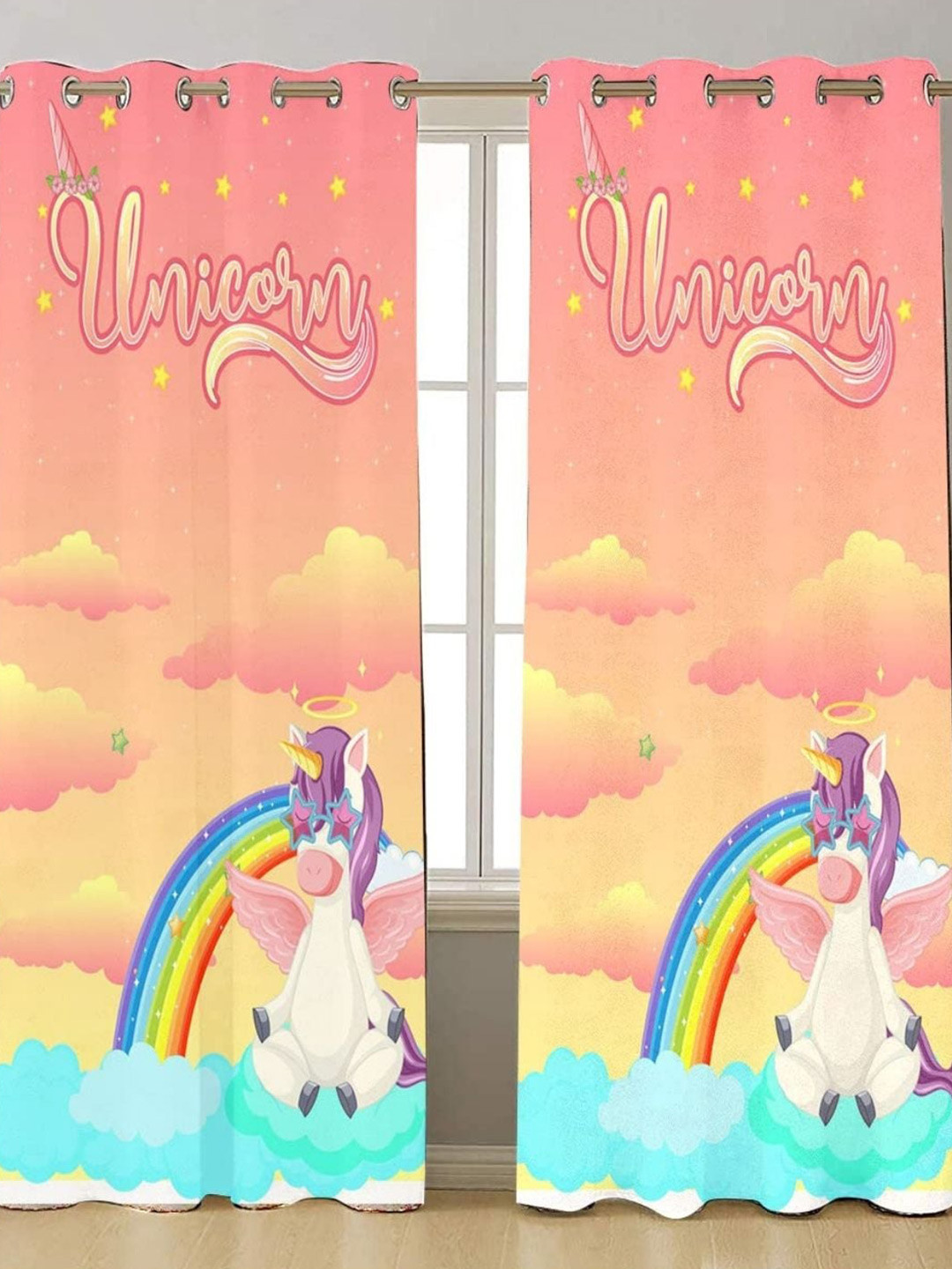 THEYAYACAFE Pink & Yellow Unicorn Printed Black Out Window Curtain
