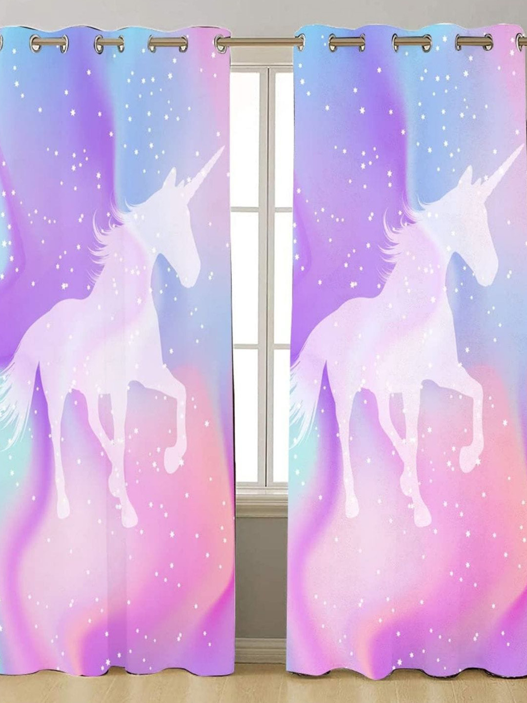 THEYAYACAFE Purple 2 Pieces Unicorn Stars Room Darkening Window Curtains