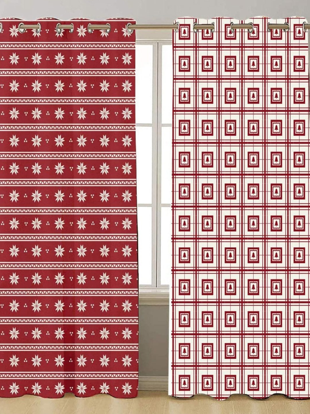 THEYAYACAFE Red Cream 2 Pieces Geometric Room Darkening Window Curtains