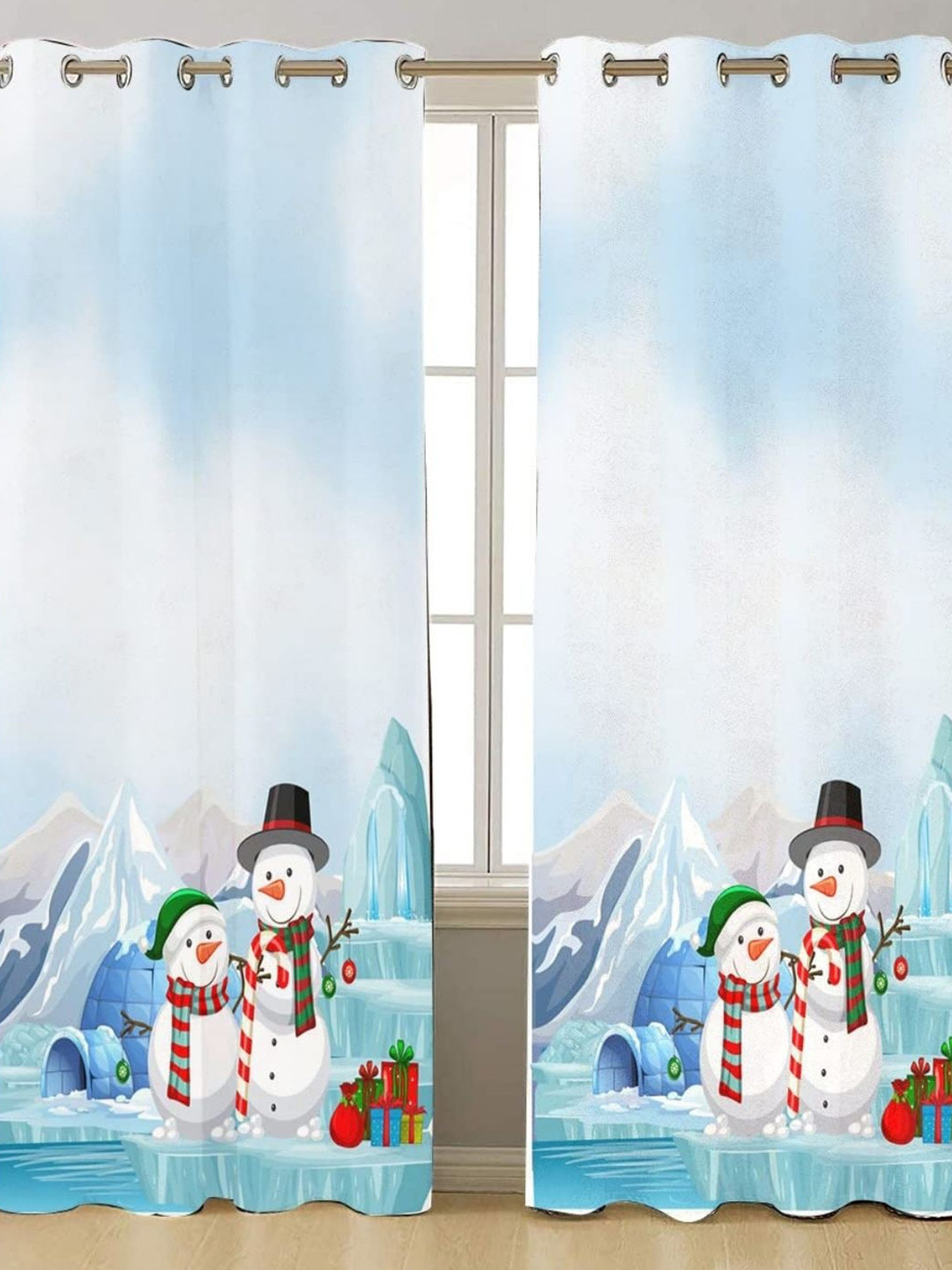 THEYAYACAFE White & Blue Christmas Snowman Printed Black Out Window Curtain