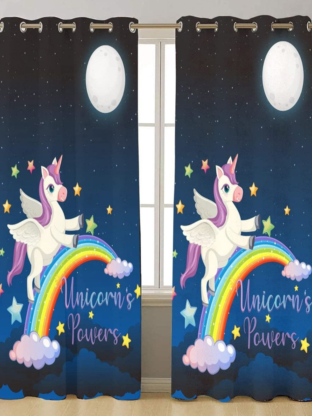 THEYAYACAFE Navy Blue & White Unicorn Rainbow Black Out Window Curtain