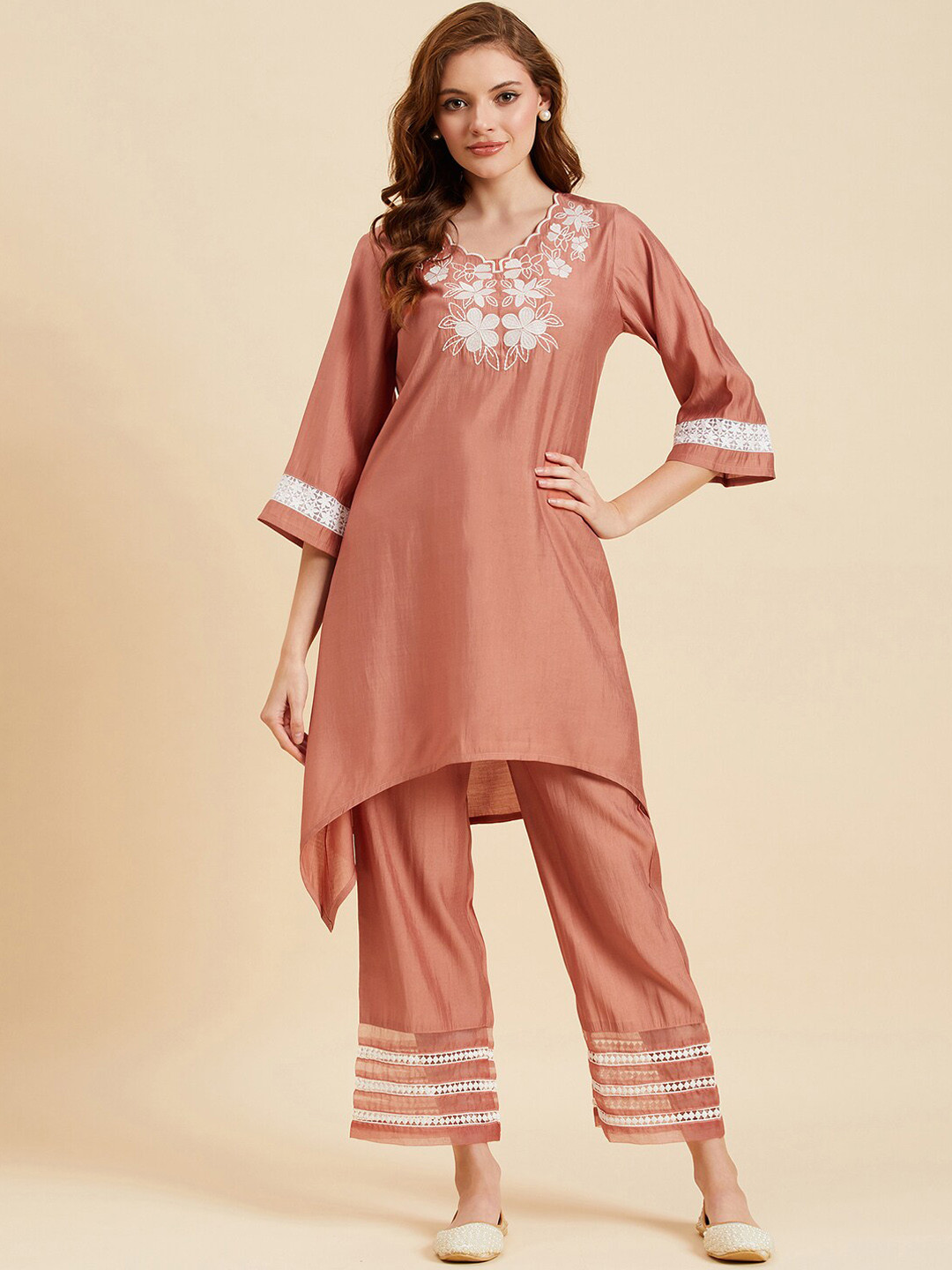 Azira Floral Embroidered A-Line Kurta With Trousers Set