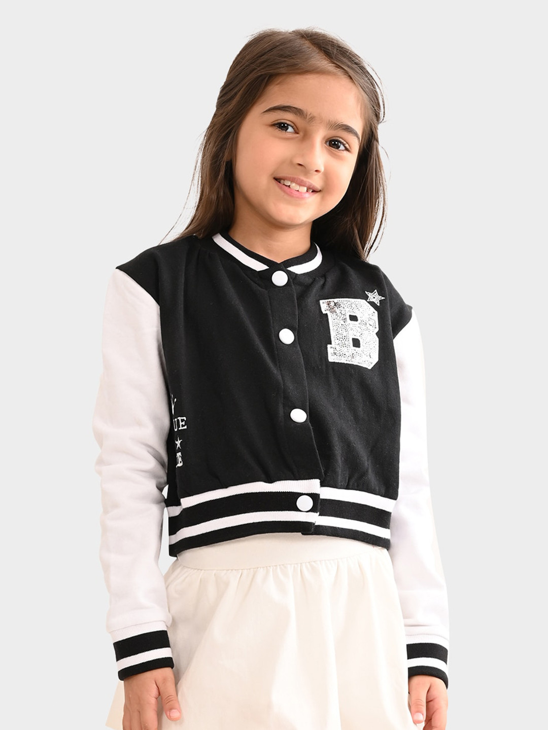 BONKIDS Girls Black Colourblocked Front Open Cotton Sweatshirt