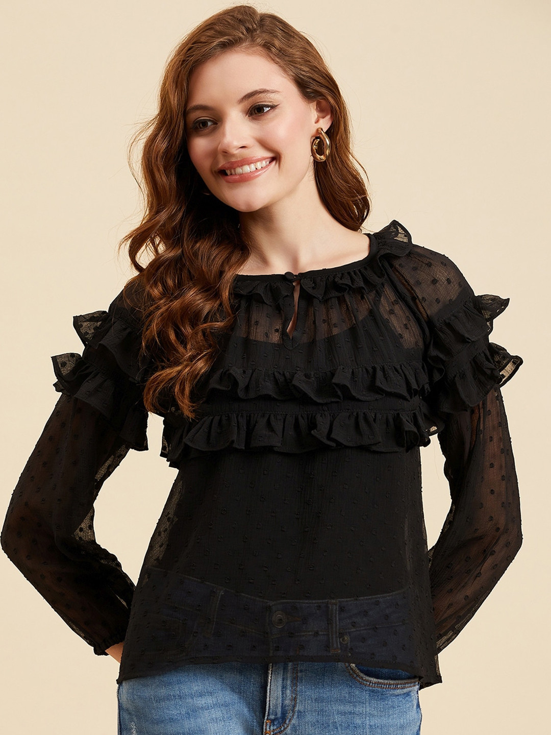 Azira Self Design Keyhole Neck Ruffled Top