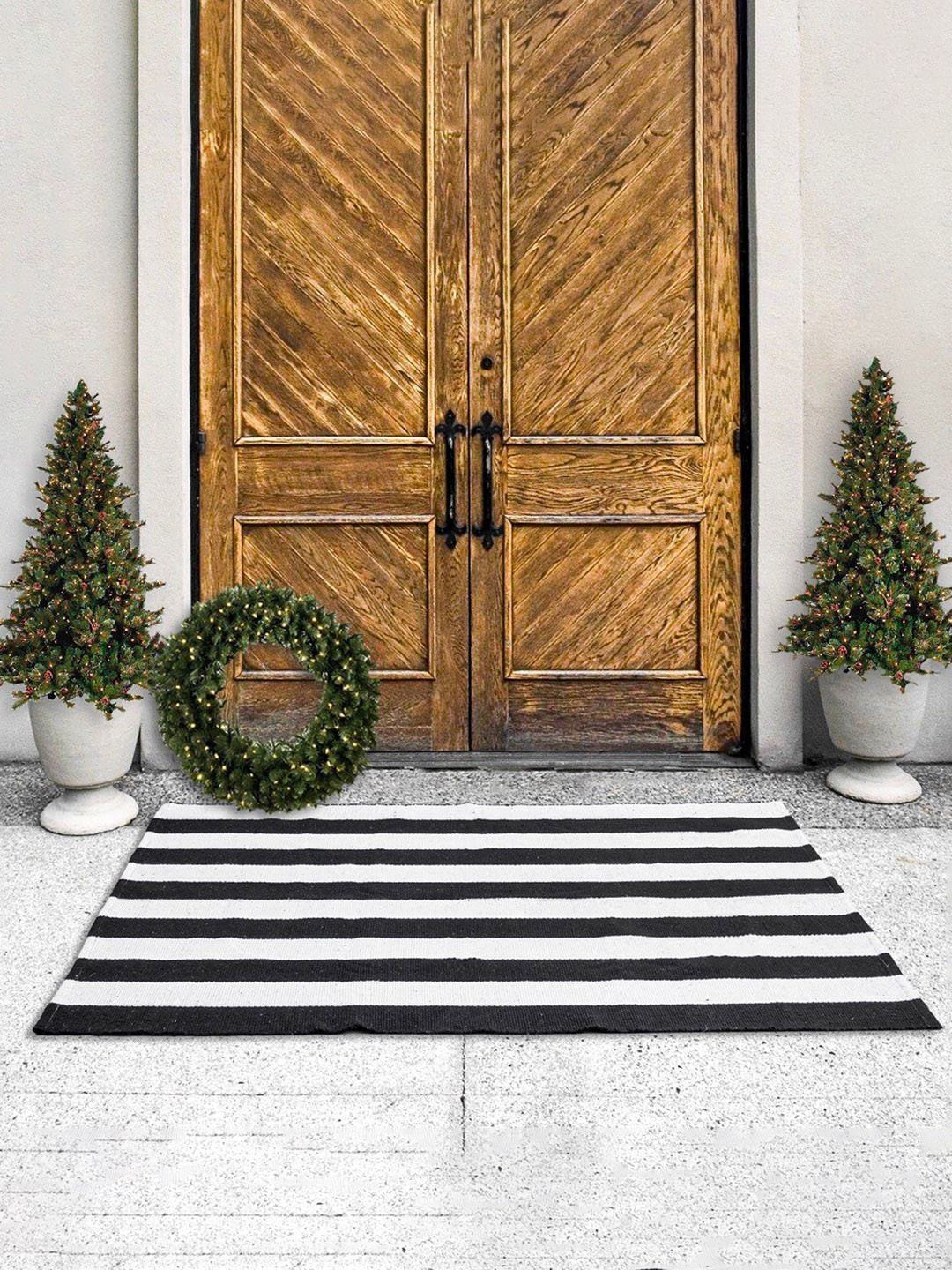 HOMEMONDE Black & White Striped Pure Cotton Floor Rug