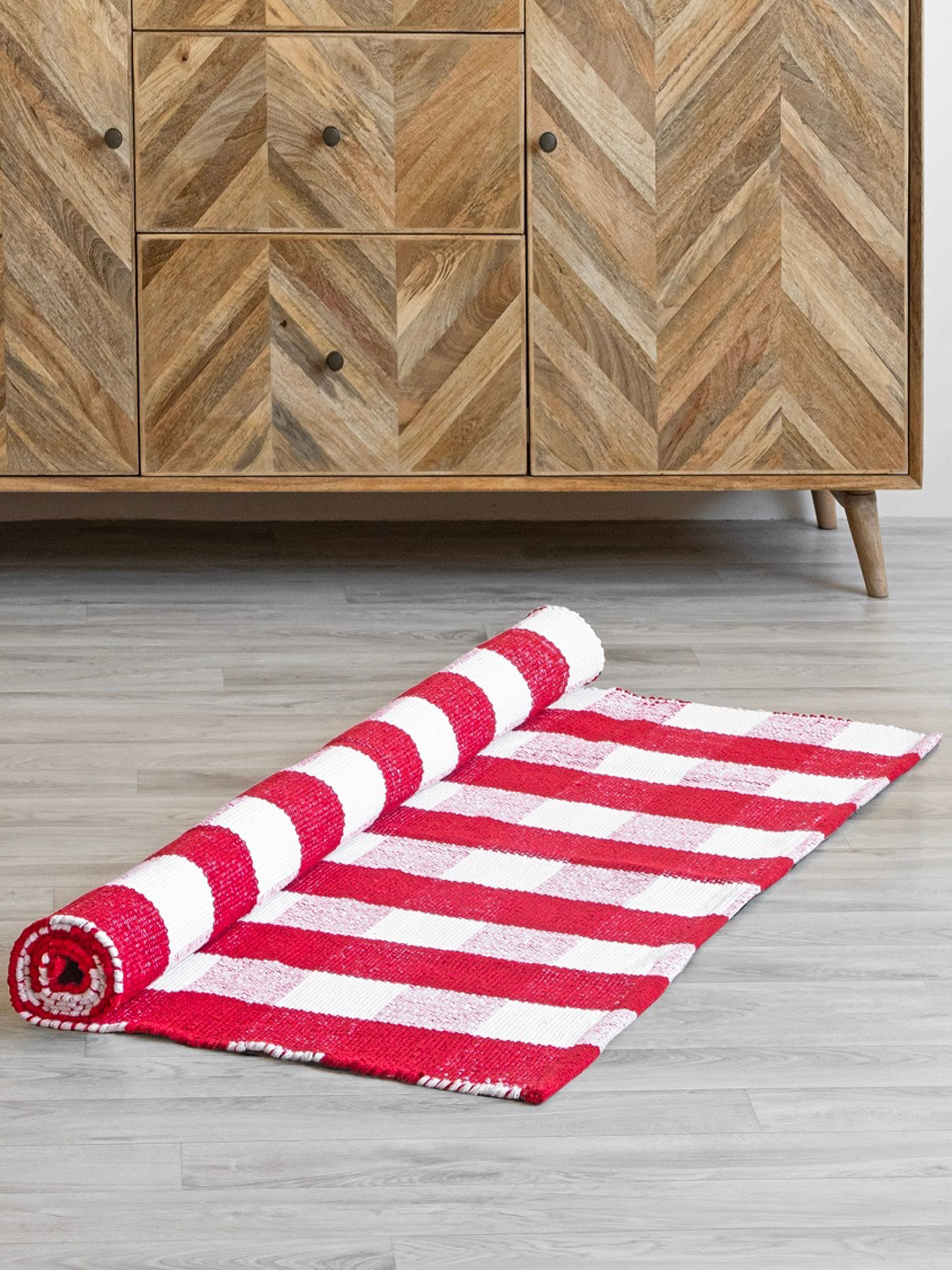 HOMEMONDE Red & White Checked Pure Cotton Floor Rug