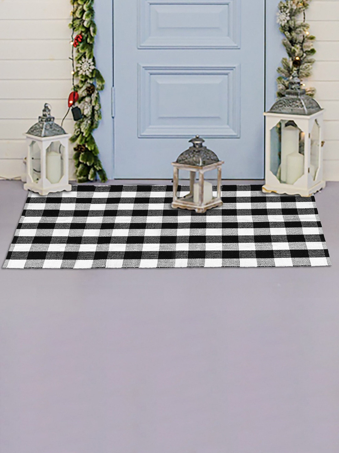 HOMEMONDE Black & White Checked Pure Cotton Floor Rug