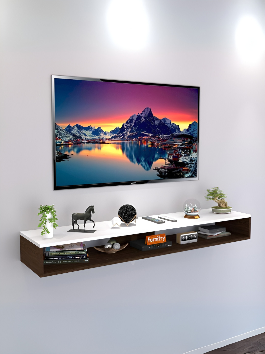 Furnifry Brown & White Wooden Basic Wall Shelf