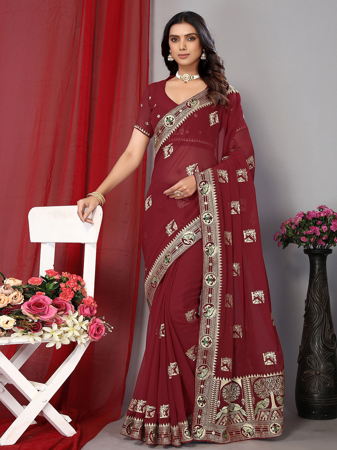 Satrani Maroon Paisley Embroidered Net Saree