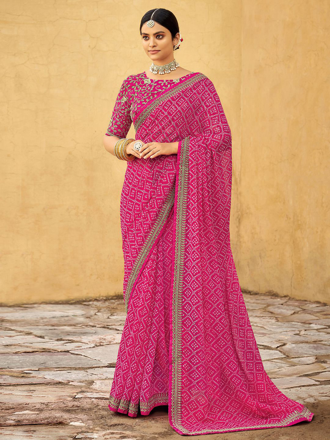 Satrani Bandhani Printed & Embroidered Saree