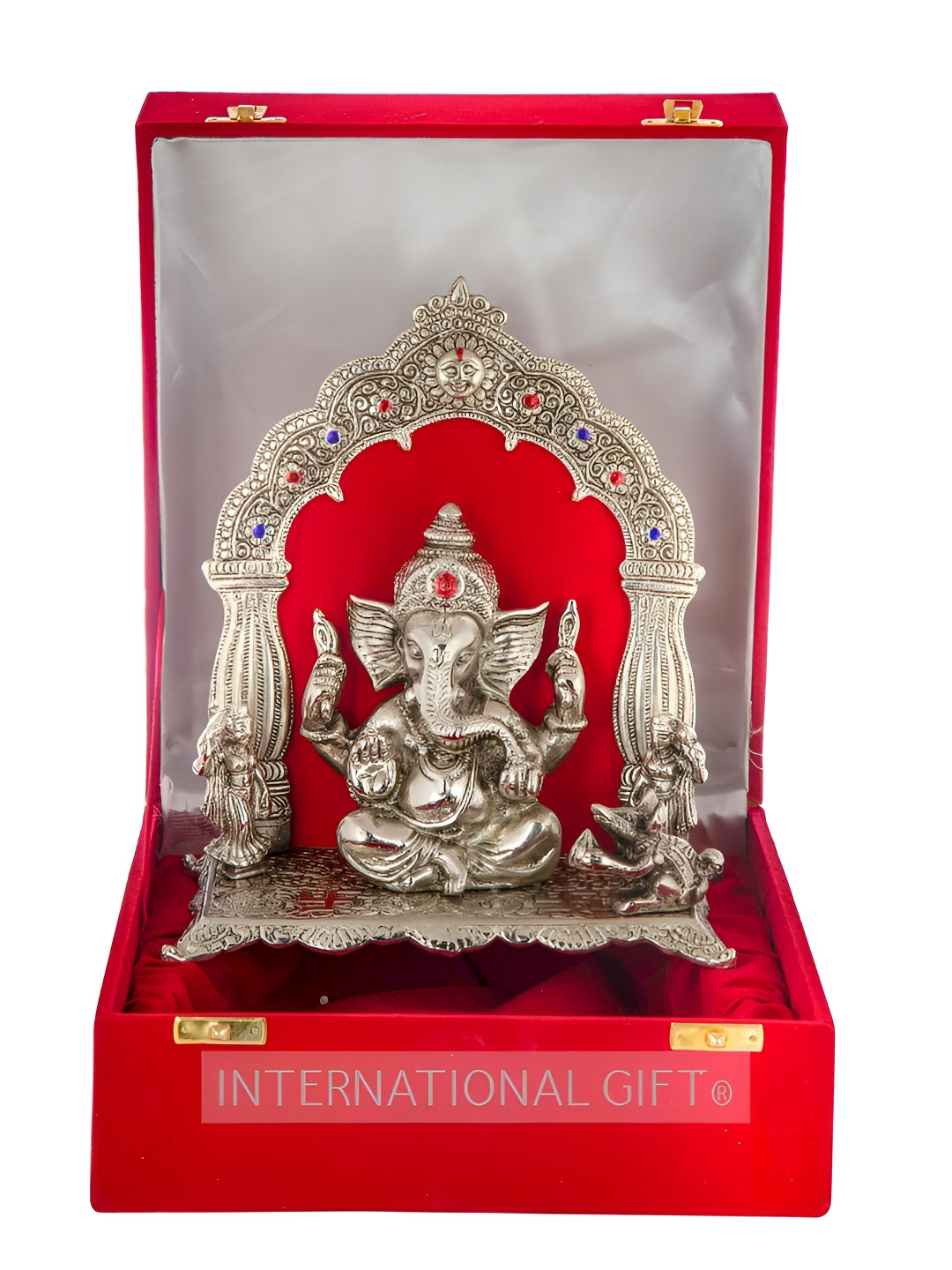 INTERNATIONAL GIFT Ganesha with Gift Box Packing Silver Metal Metallic Prayer Room Small Showpiece - 10.2 Inches